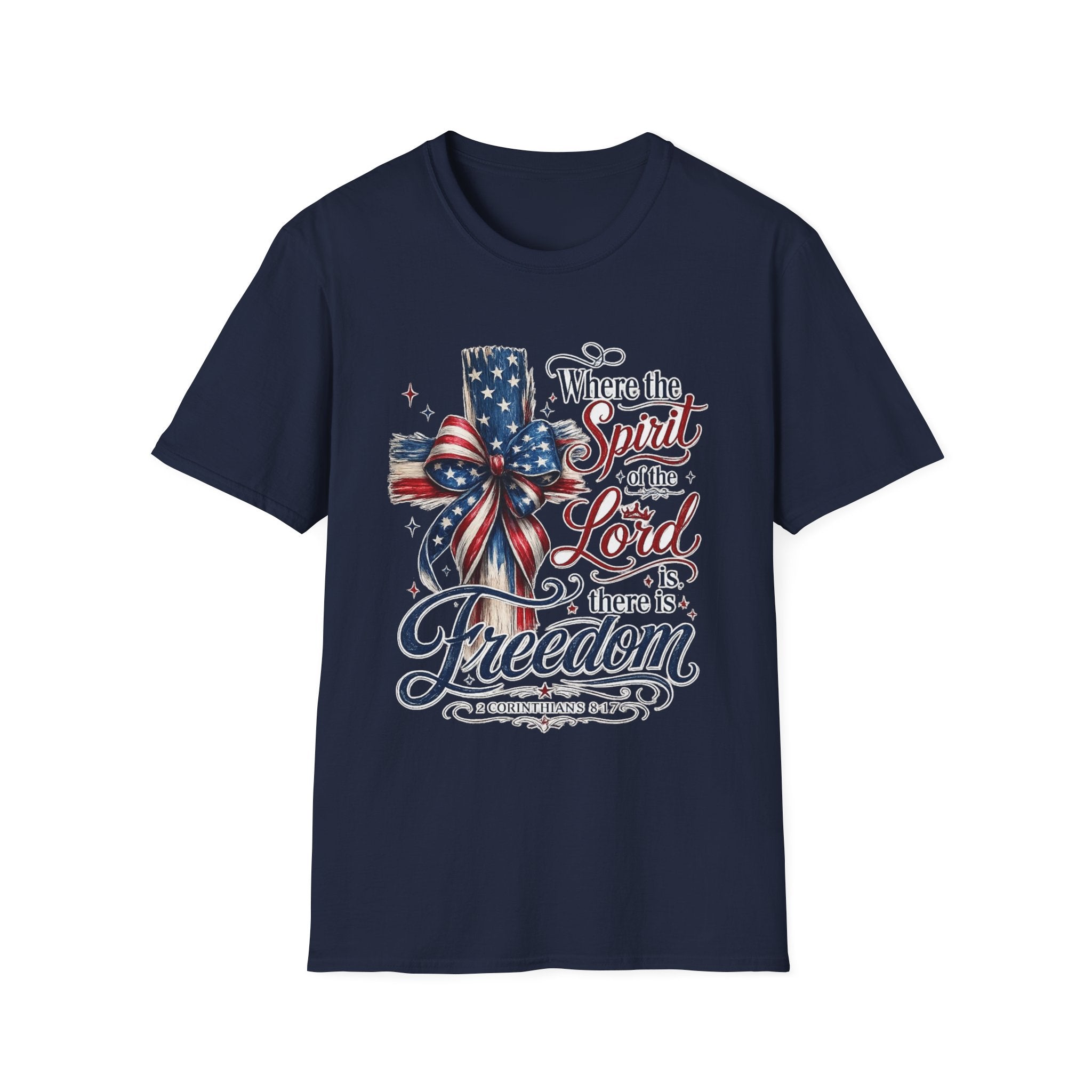 Patriotic Cross T-Shirt — “Where the Spirit of the Lord Is, There Is Freedom”