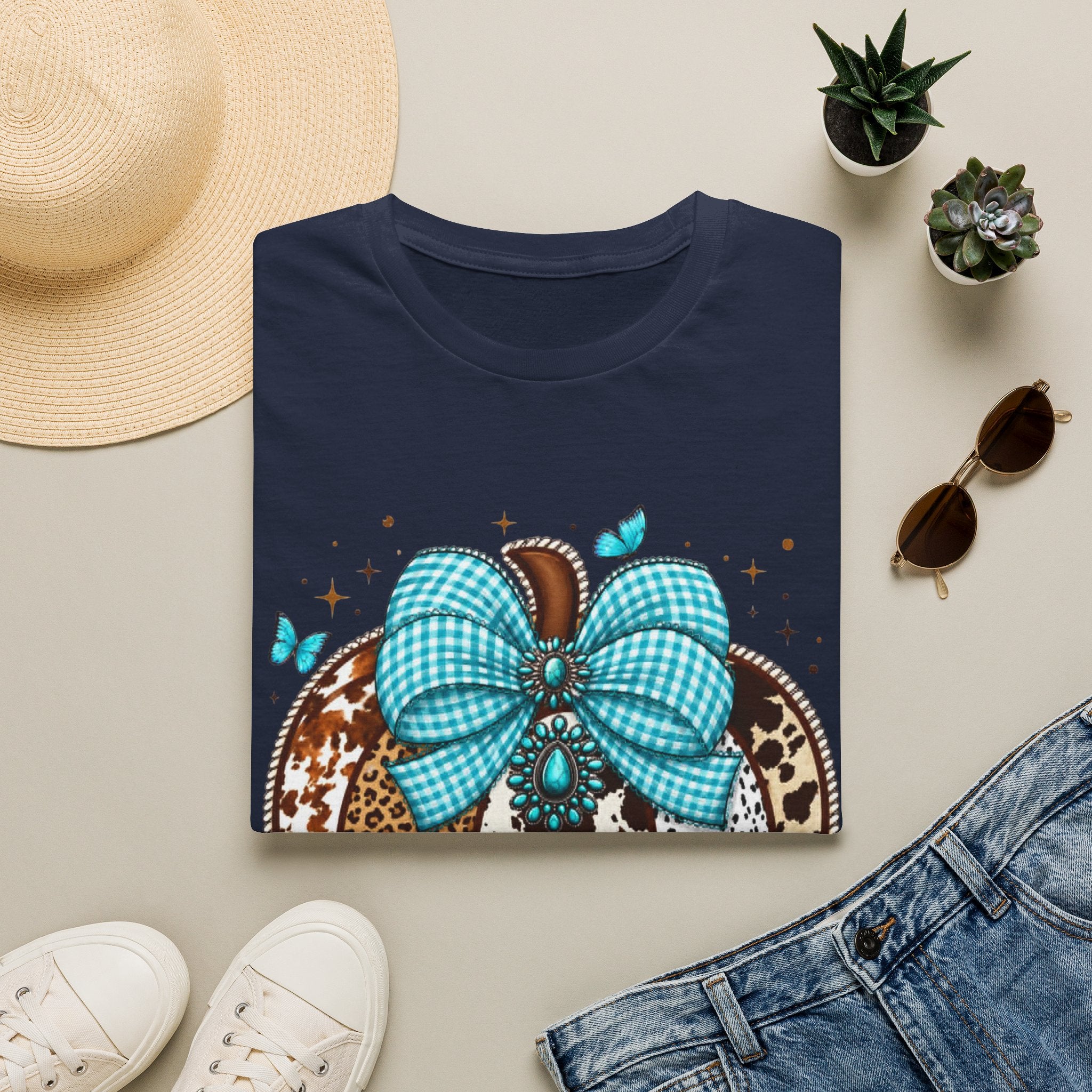 Turquoise Bow Pumpkin T-Shirt — Cowhide & Leopard Fall Graphic Tee