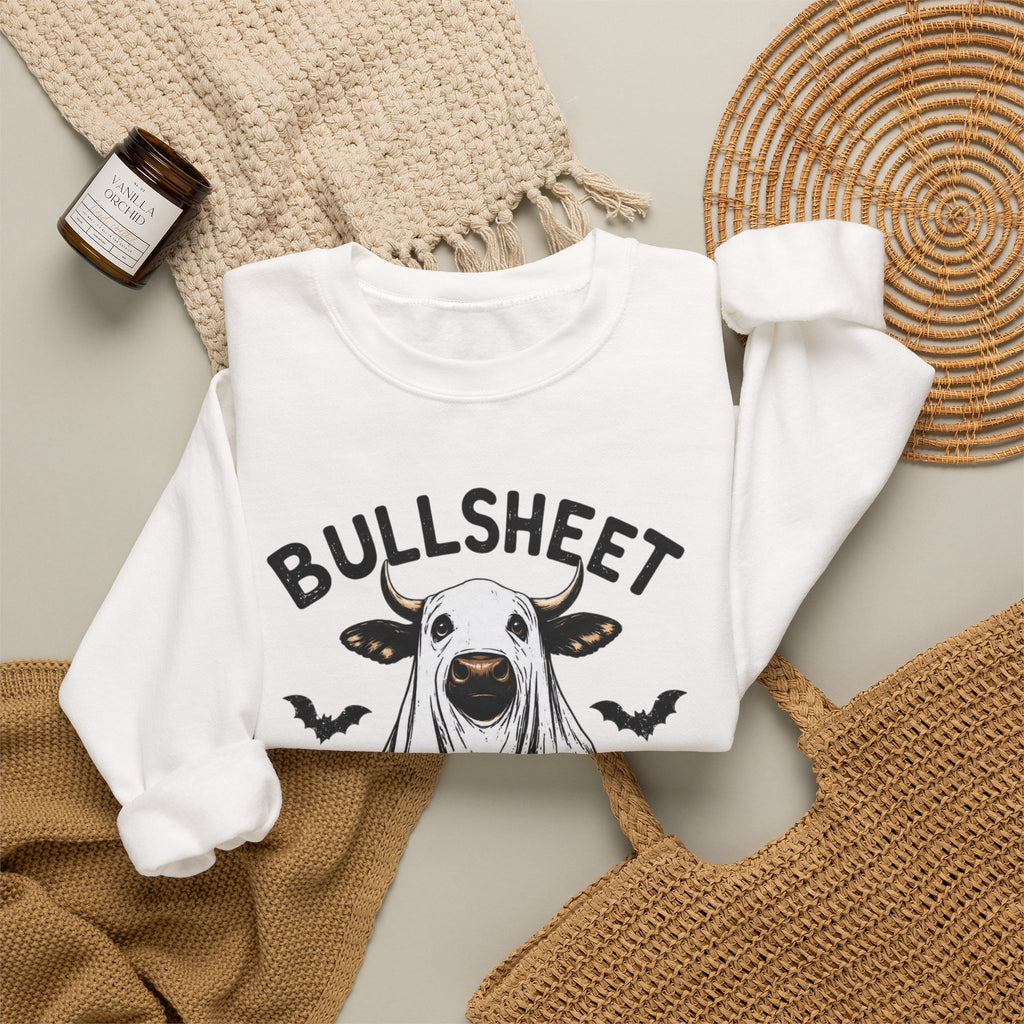 Halloween 'Bullsheet' Ghost Cow Sweatshirt - Funny Pumpkin & Bats Crewneck