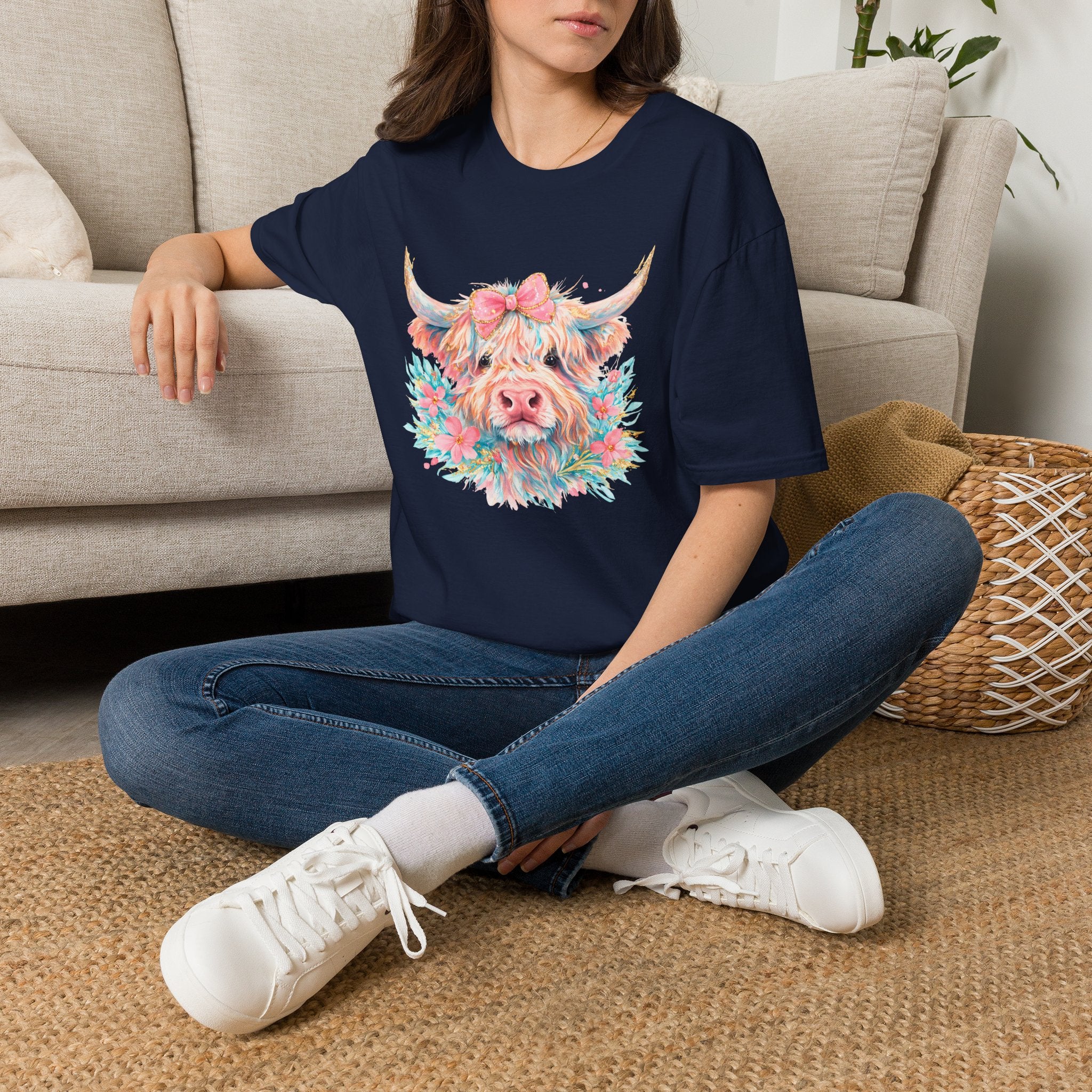 Highland Cow Floral Tee — Cute Pastel Cow Face T-Shirt