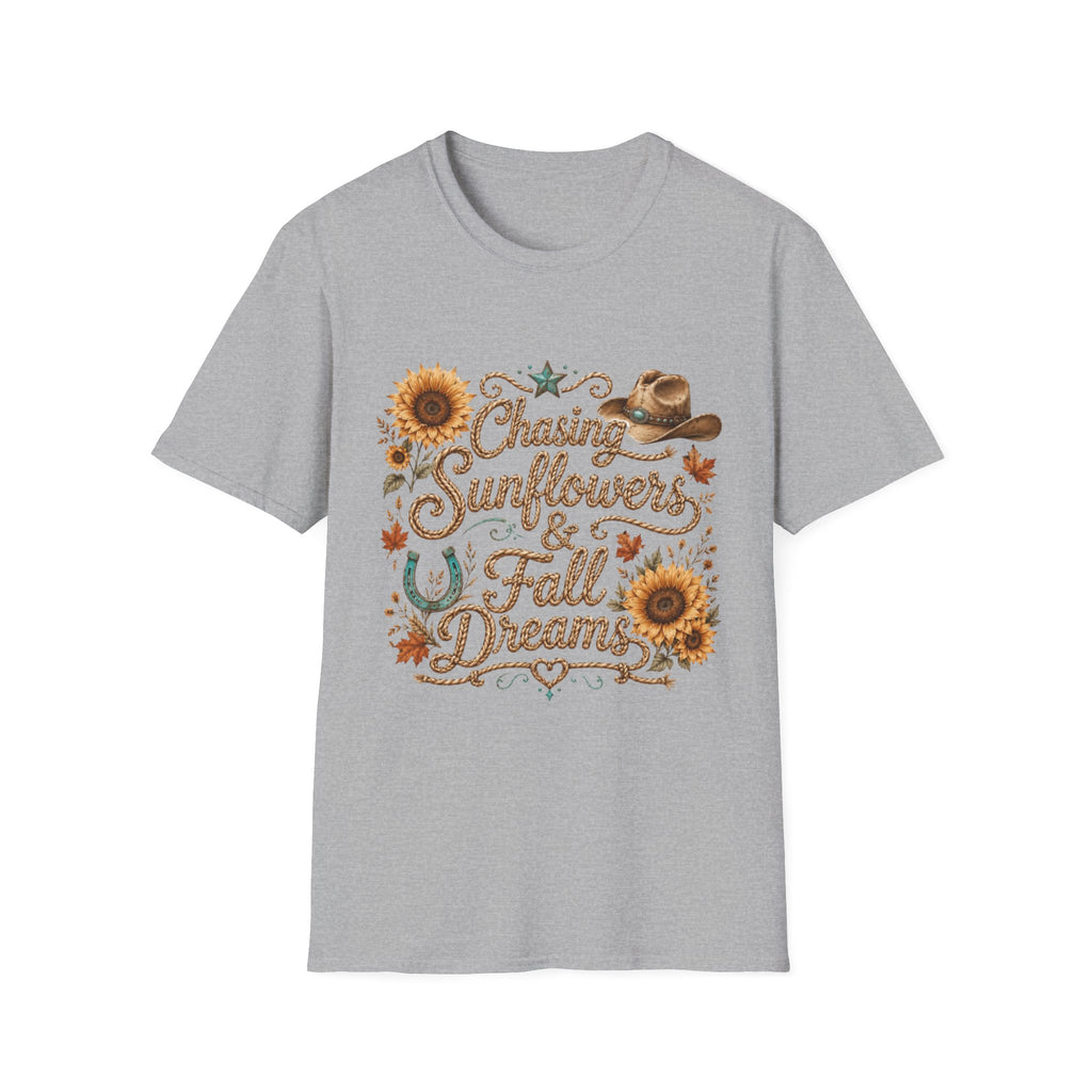 Chasing Sunflowers & Fall Dreams T-Shirt — Rustic Cowboy Sunflower Autumn Tee
