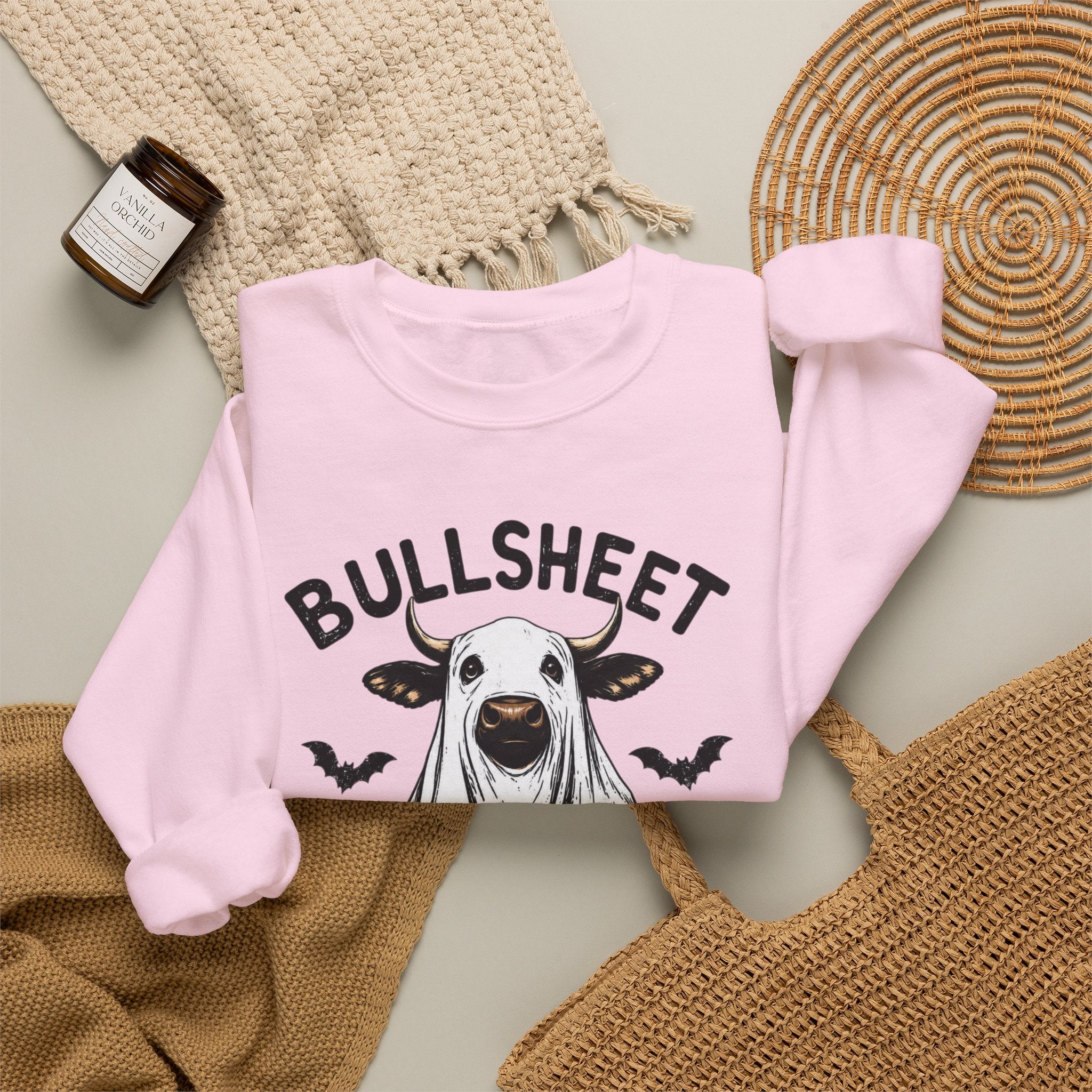 Halloween 'Bullsheet' Ghost Cow Sweatshirt - Funny Pumpkin & Bats Crewneck