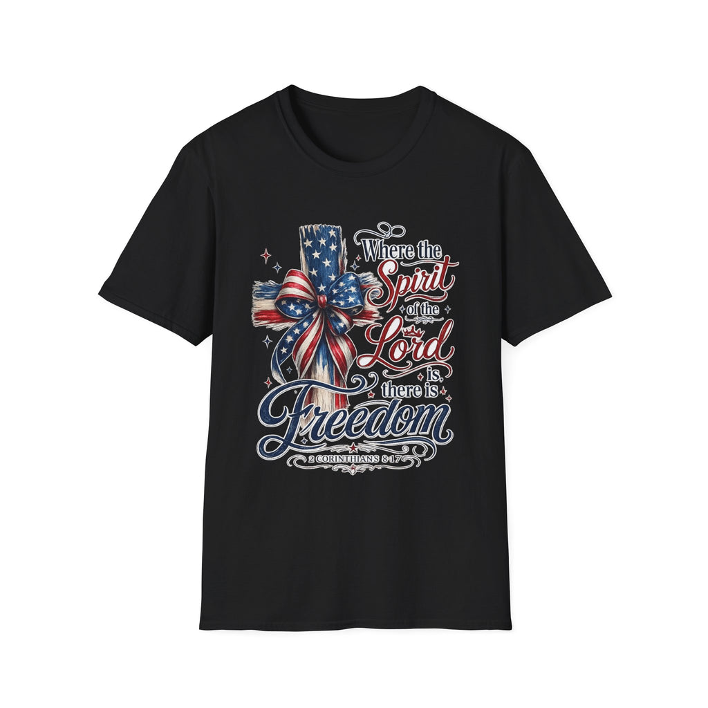 Patriotic Cross T-Shirt — “Where the Spirit of the Lord Is, There Is Freedom”