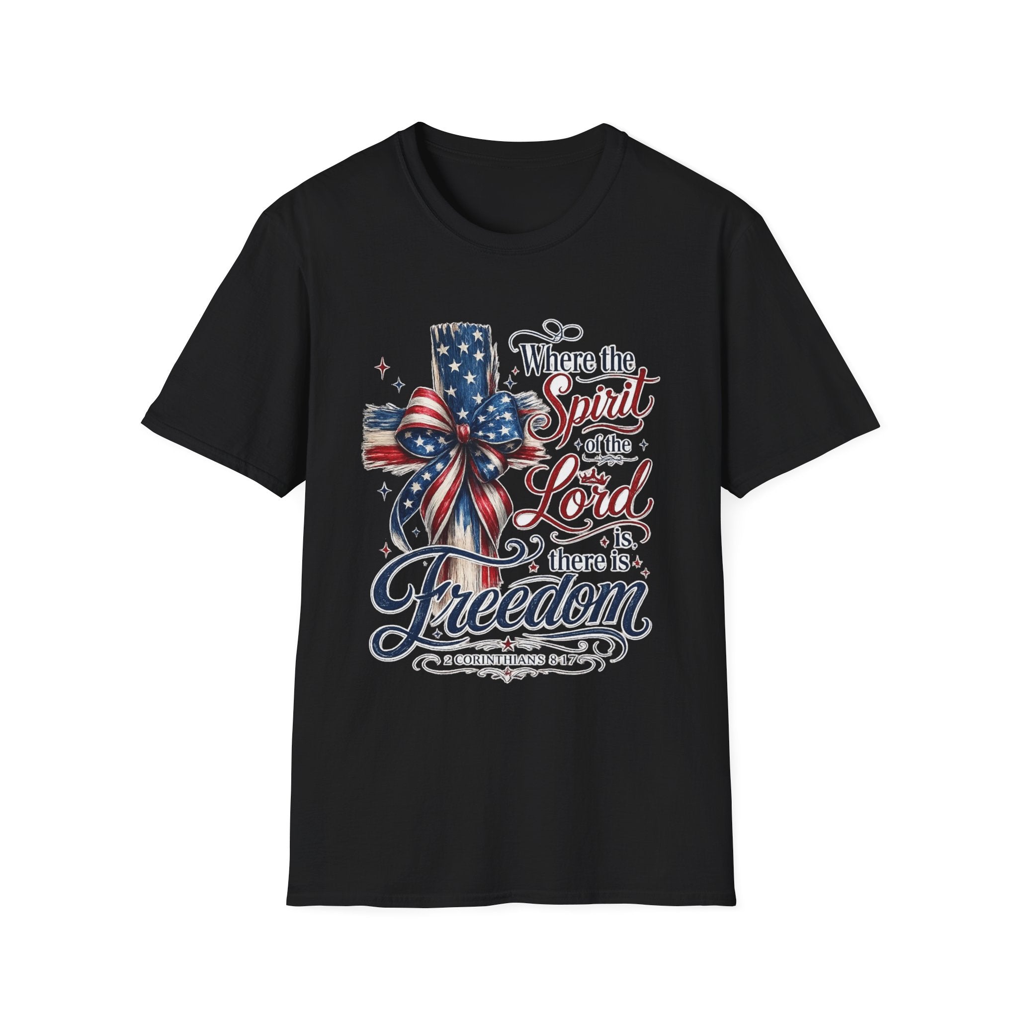 Patriotic Cross T-Shirt — “Where the Spirit of the Lord Is, There Is Freedom”