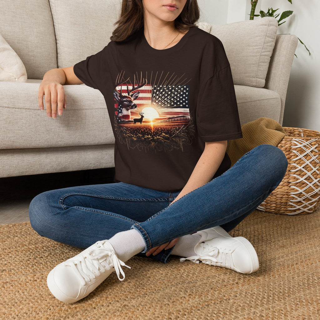 Deer Sunset Flag T-Shirt — American Hunting Outdoors Tee
