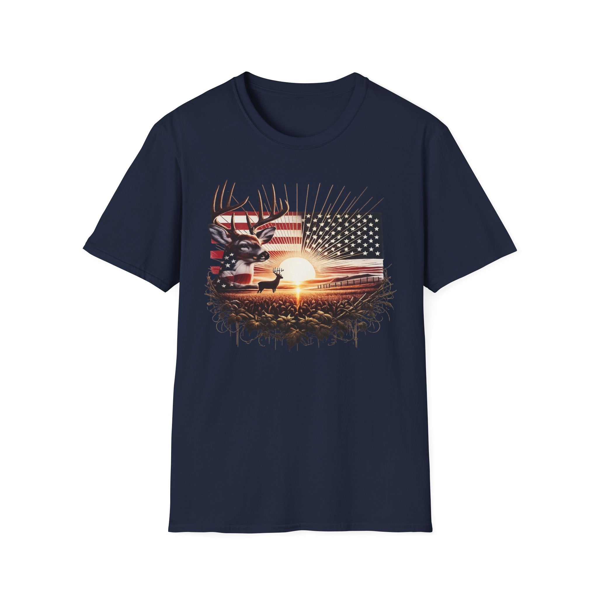Deer Sunset Flag T-Shirt — American Hunting Outdoors Tee