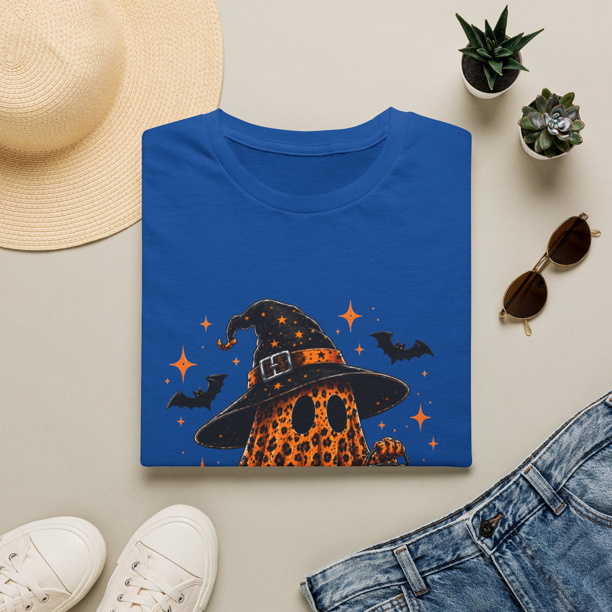 Leopard Ghost Halloween T-Shirt — Witch Hat Pumpkin & Bats Fall Tee