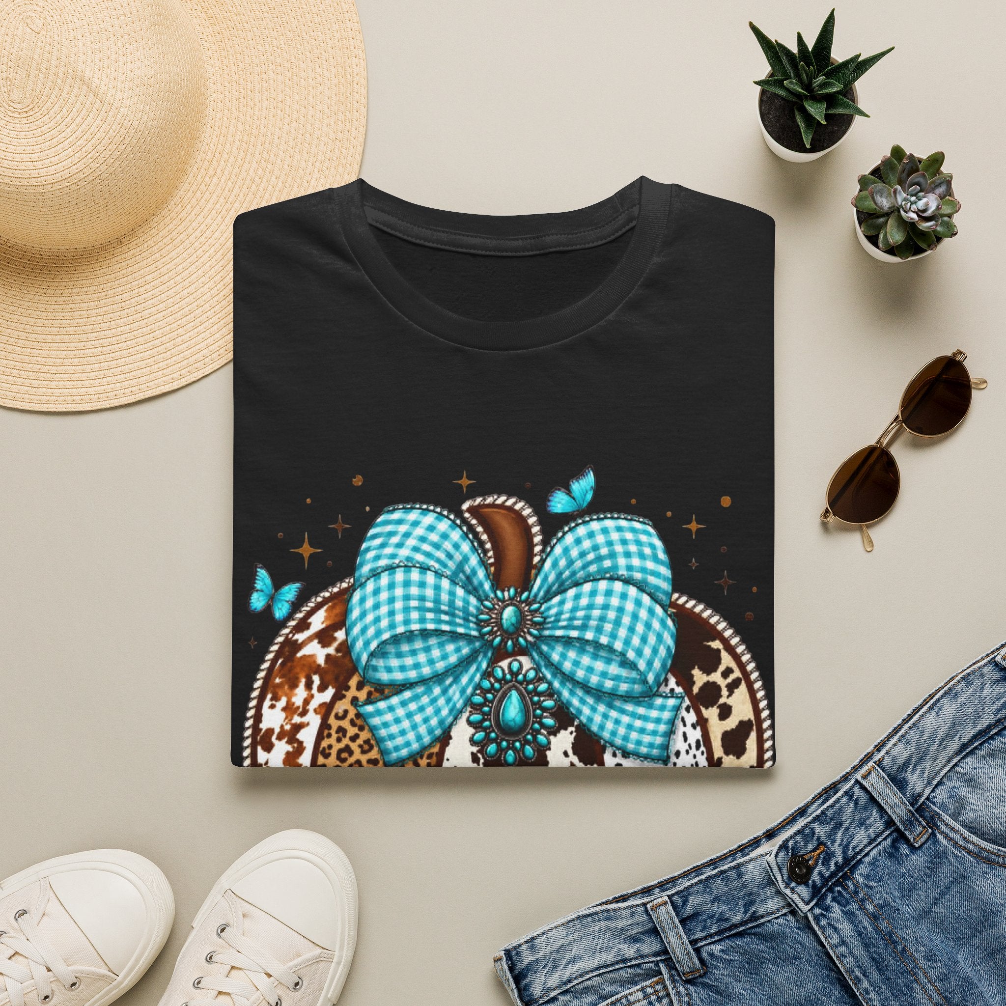 Turquoise Bow Pumpkin T-Shirt — Cowhide & Leopard Fall Graphic Tee