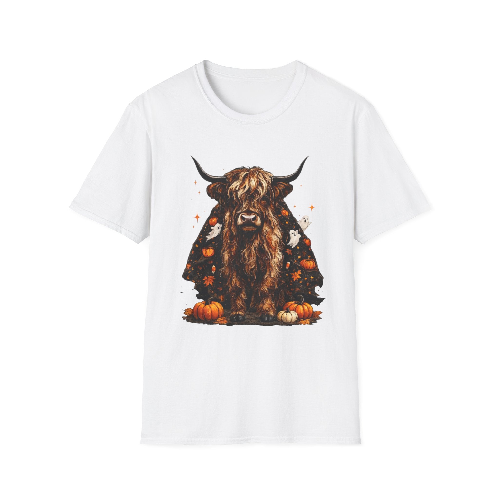 Highland Cow Pumpkin Tee — Autumn Scottish Cattle Graphic T-Shirt