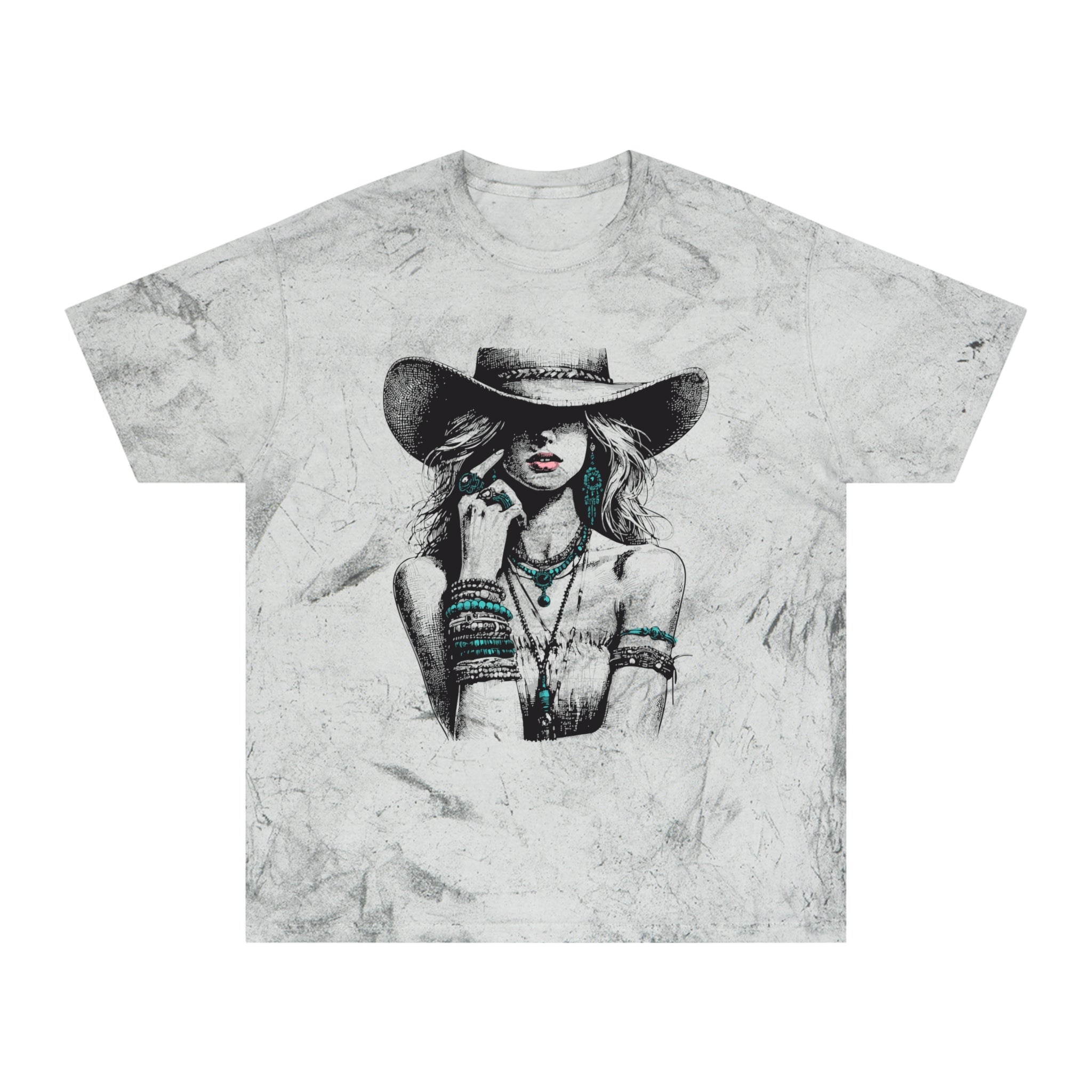 Western Cowgirl Graphic Tee — Vintage Boho Hat & Jewelry Design