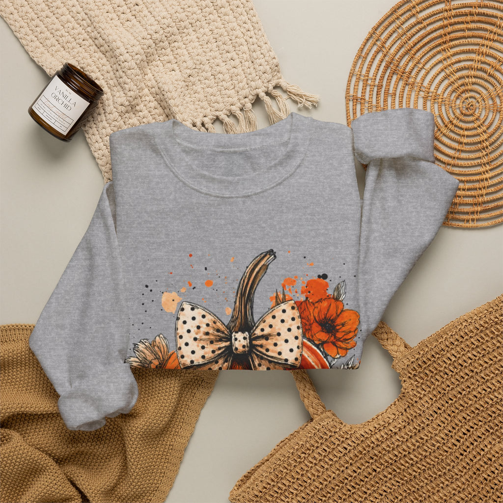 Pumpkin Bow Crewneck Sweatshirt — Autumn Floral Pumpkin Sweatshirt