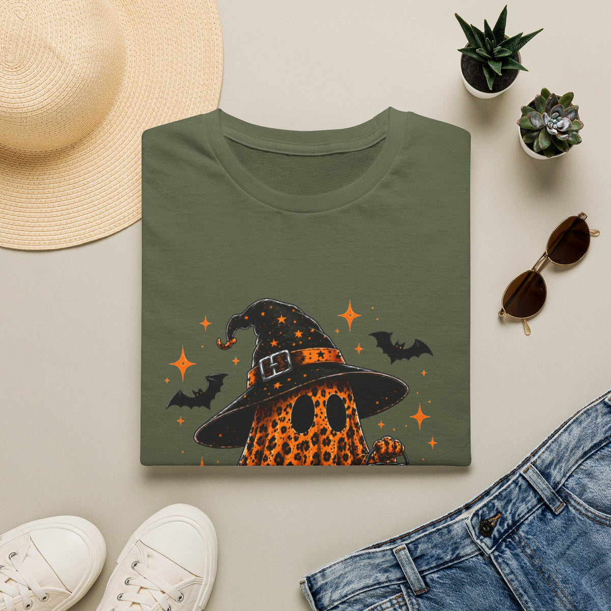 Leopard Ghost Halloween T-Shirt — Witch Hat Pumpkin & Bats Fall Tee