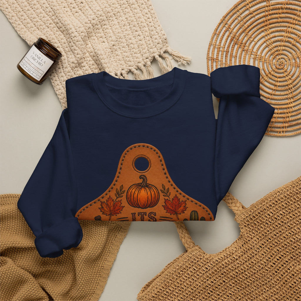 Fall Y'all Crewneck Sweatshirt — Rustic Pumpkin Leather Tag Design
