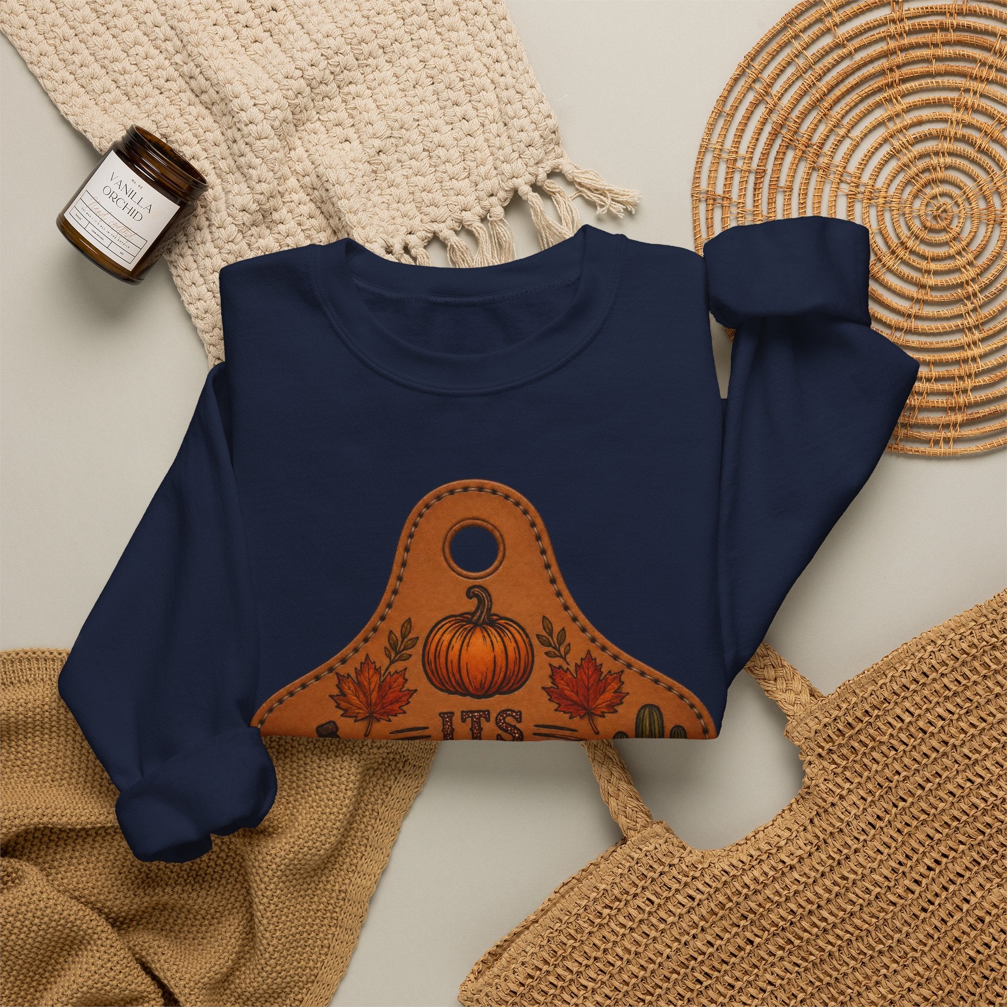 Fall Y'all Crewneck Sweatshirt — Rustic Pumpkin Leather Tag Design