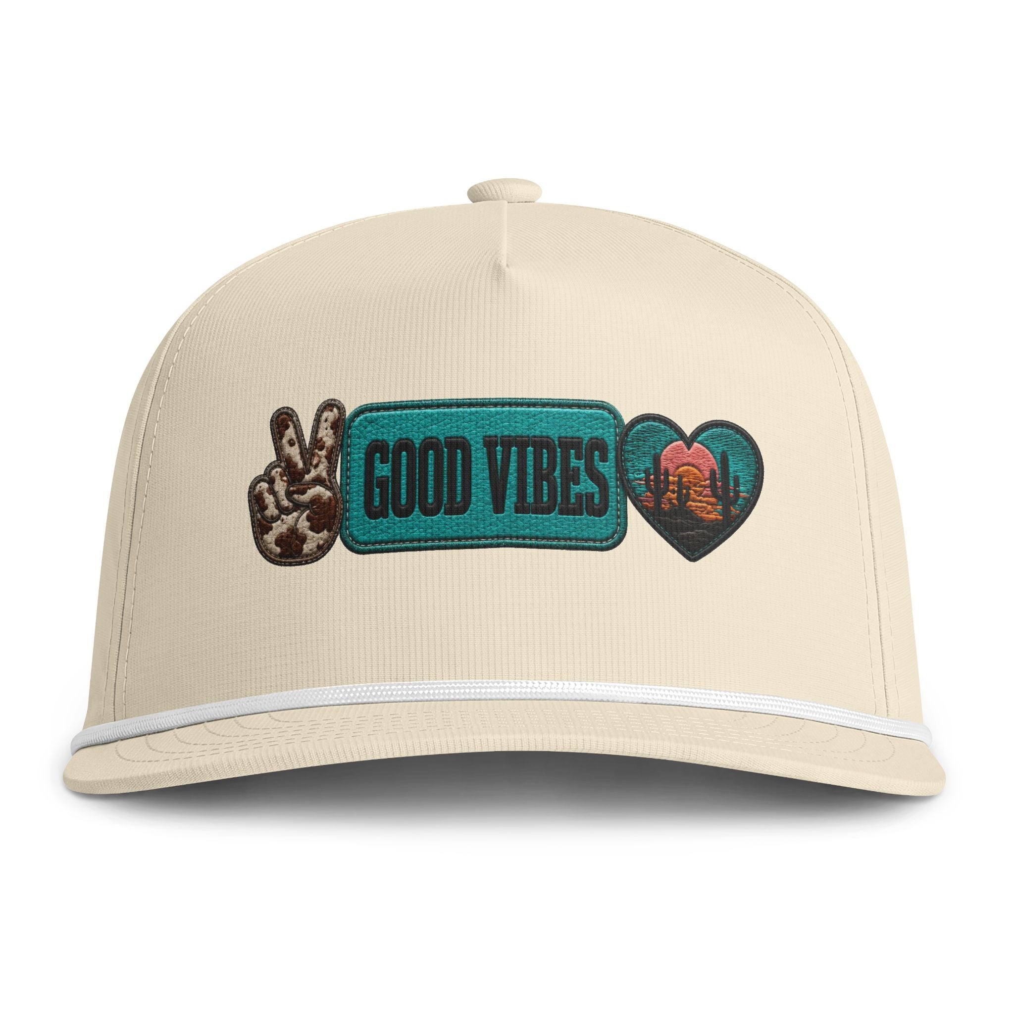 Good Vibes Rope Cap — Retro Peace Sign & Sunset Patch Hat