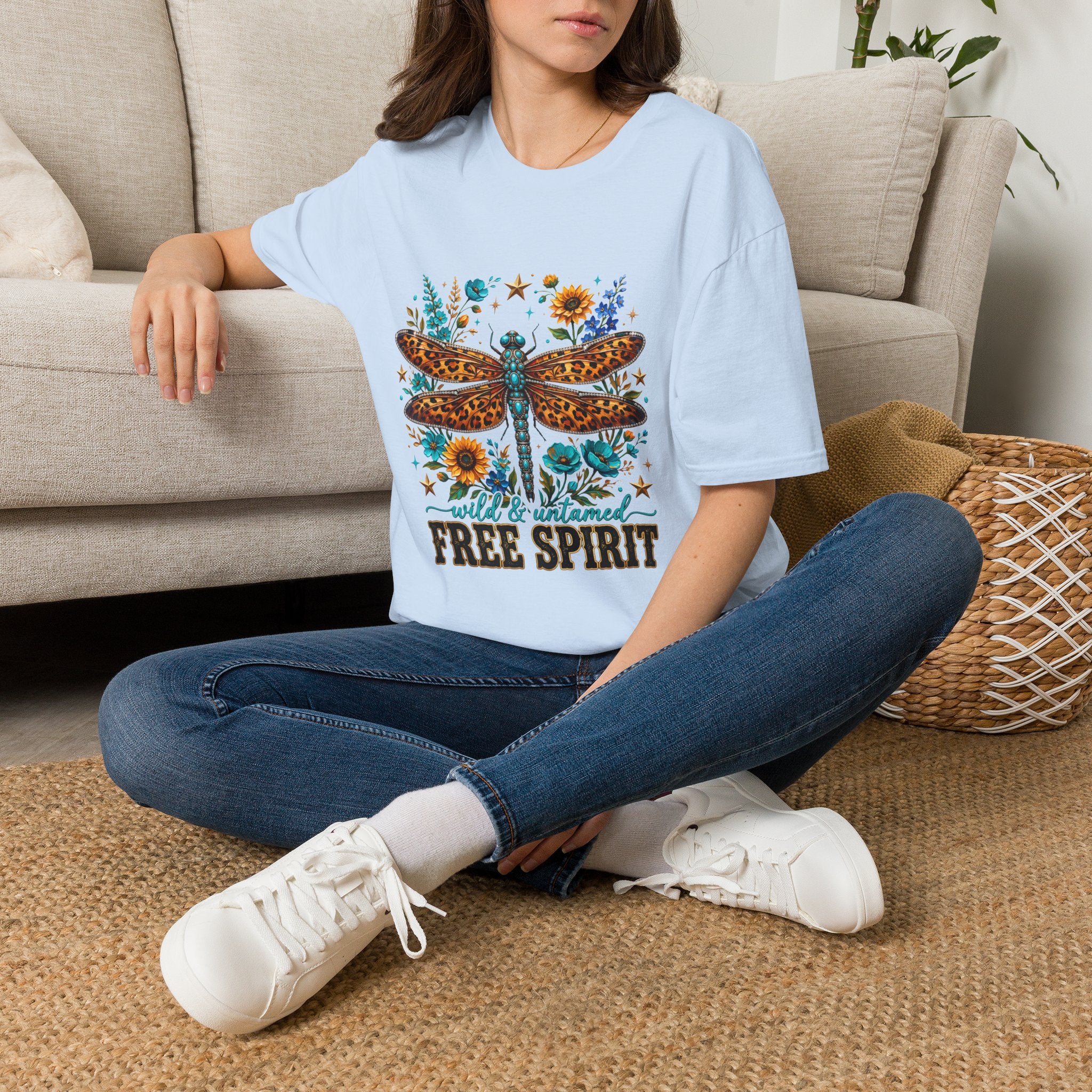 Dragonfly Free Spirit T-Shirt — Leopard Wings Floral Graphic Tee
