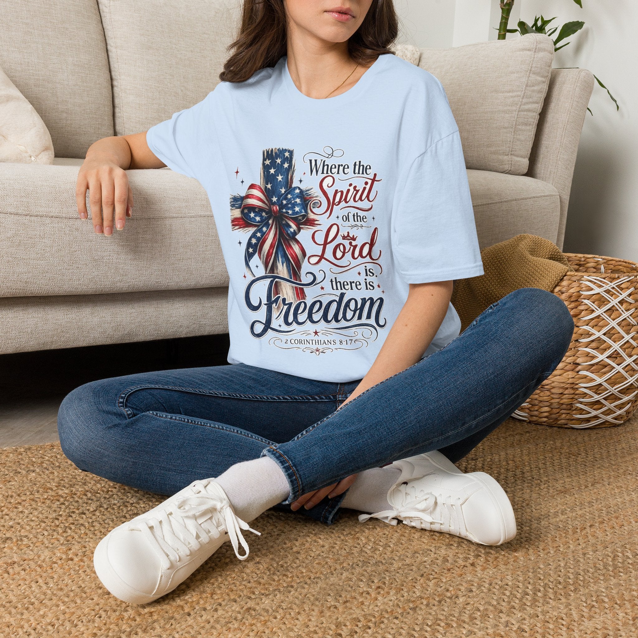 Patriotic Cross T-Shirt — “Where the Spirit of the Lord Is, There Is Freedom”