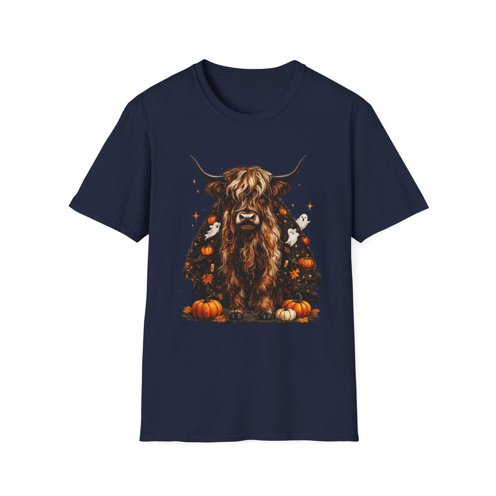 Highland Cow Pumpkin Tee — Autumn Scottish Cattle Graphic T-Shirt