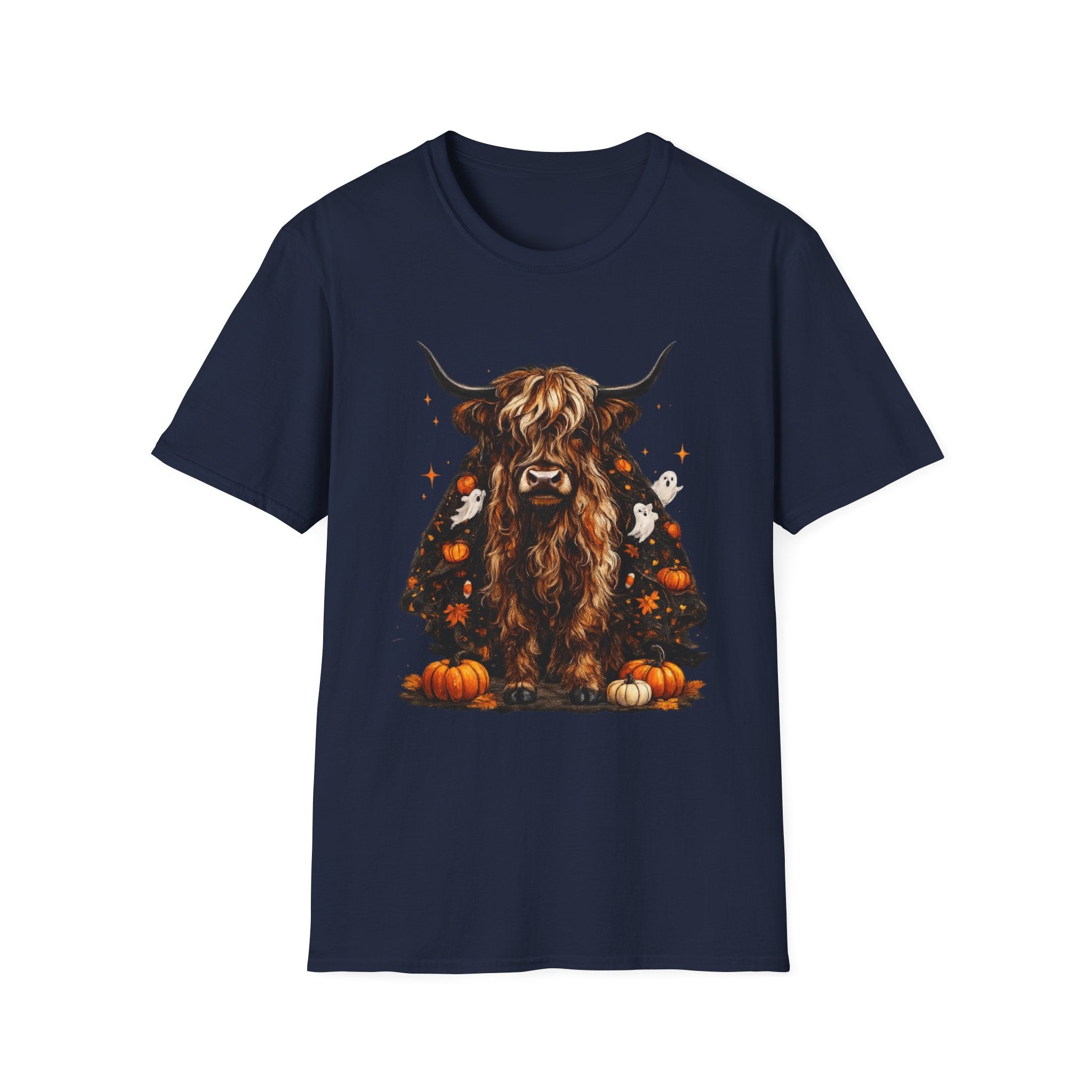 Highland Cow Pumpkin Tee — Autumn Scottish Cattle Graphic T-Shirt