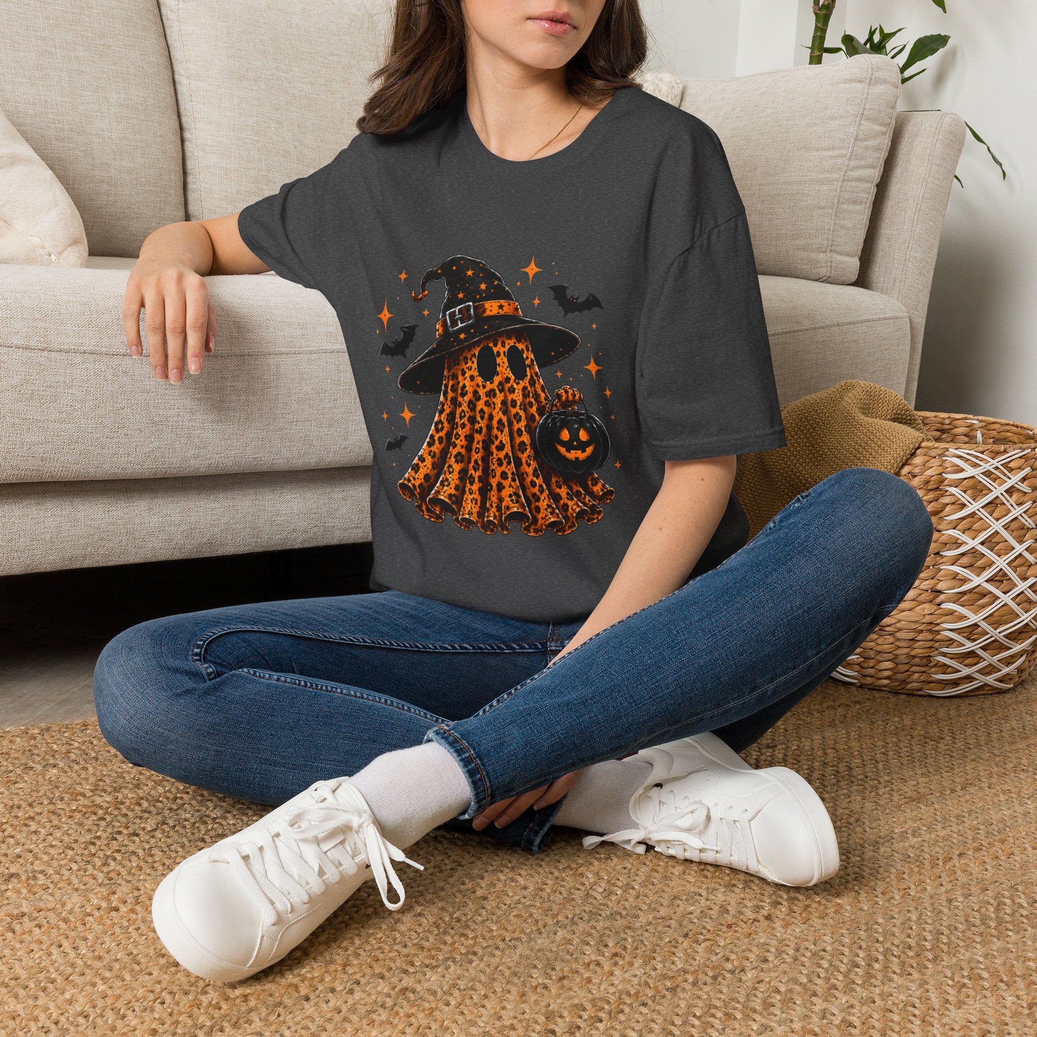 Leopard Ghost Halloween T-Shirt — Witch Hat Pumpkin & Bats Fall Tee