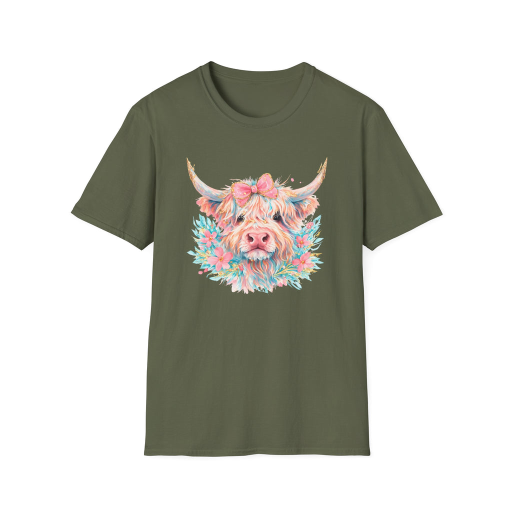 Highland Cow Floral Tee — Cute Pastel Cow Face T-Shirt