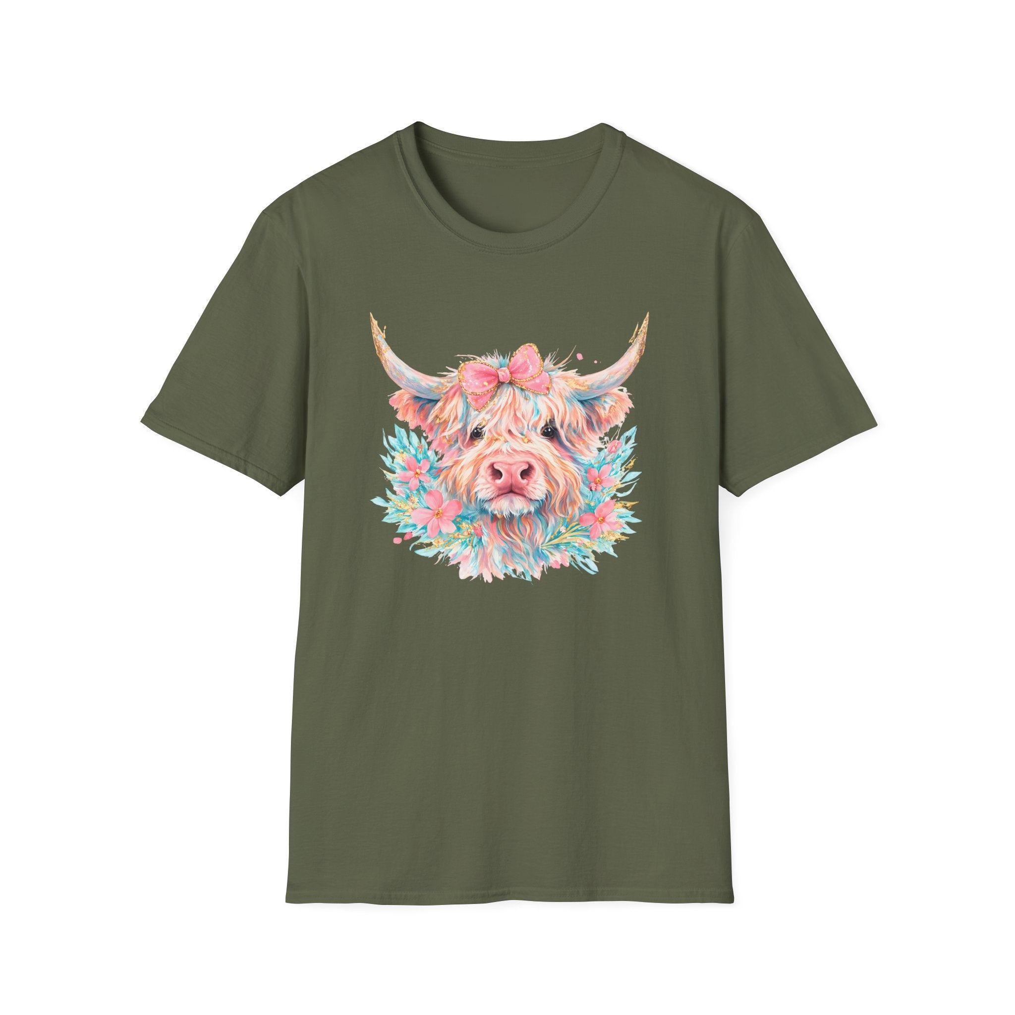 Highland Cow Floral Tee — Cute Pastel Cow Face T-Shirt