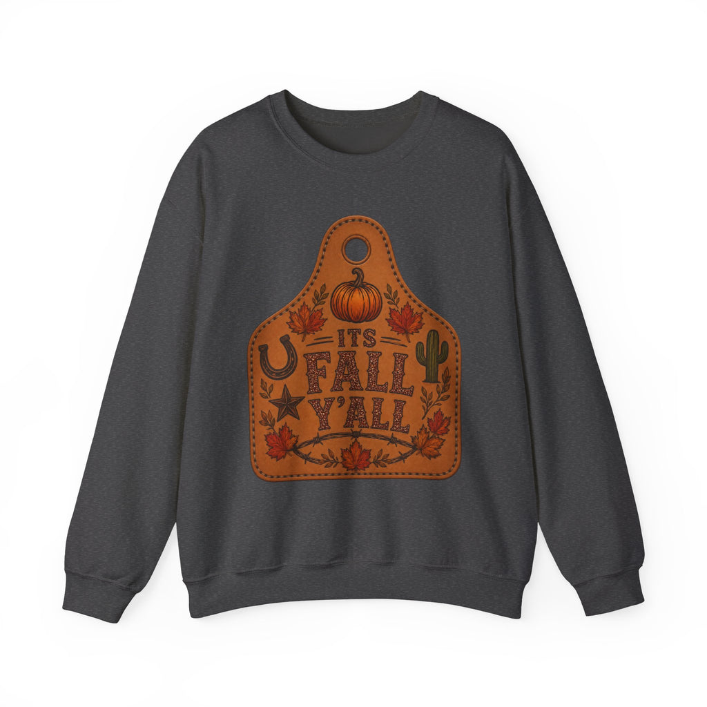 Fall Y'all Crewneck Sweatshirt — Rustic Pumpkin Leather Tag Design