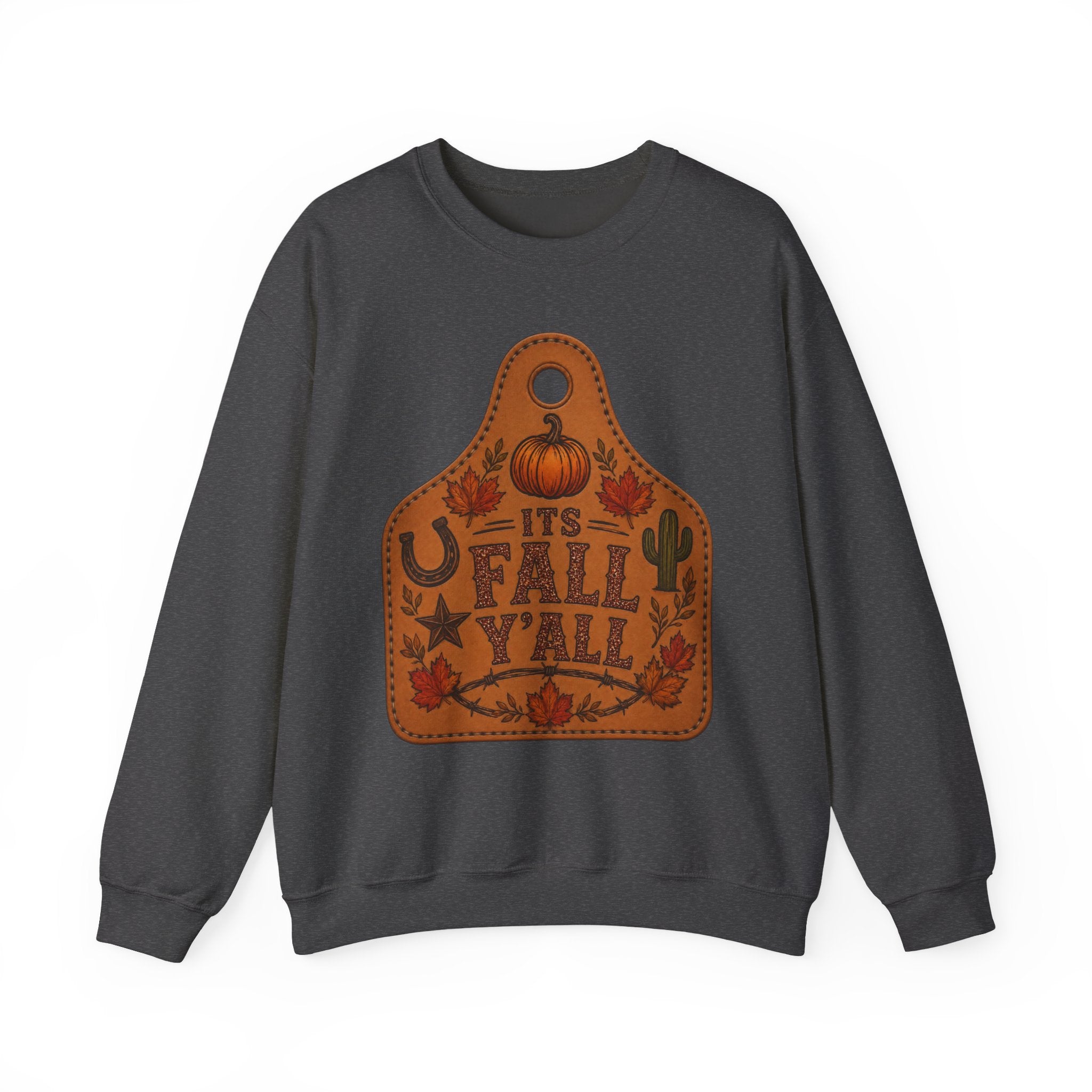 Fall Y'all Crewneck Sweatshirt — Rustic Pumpkin Leather Tag Design