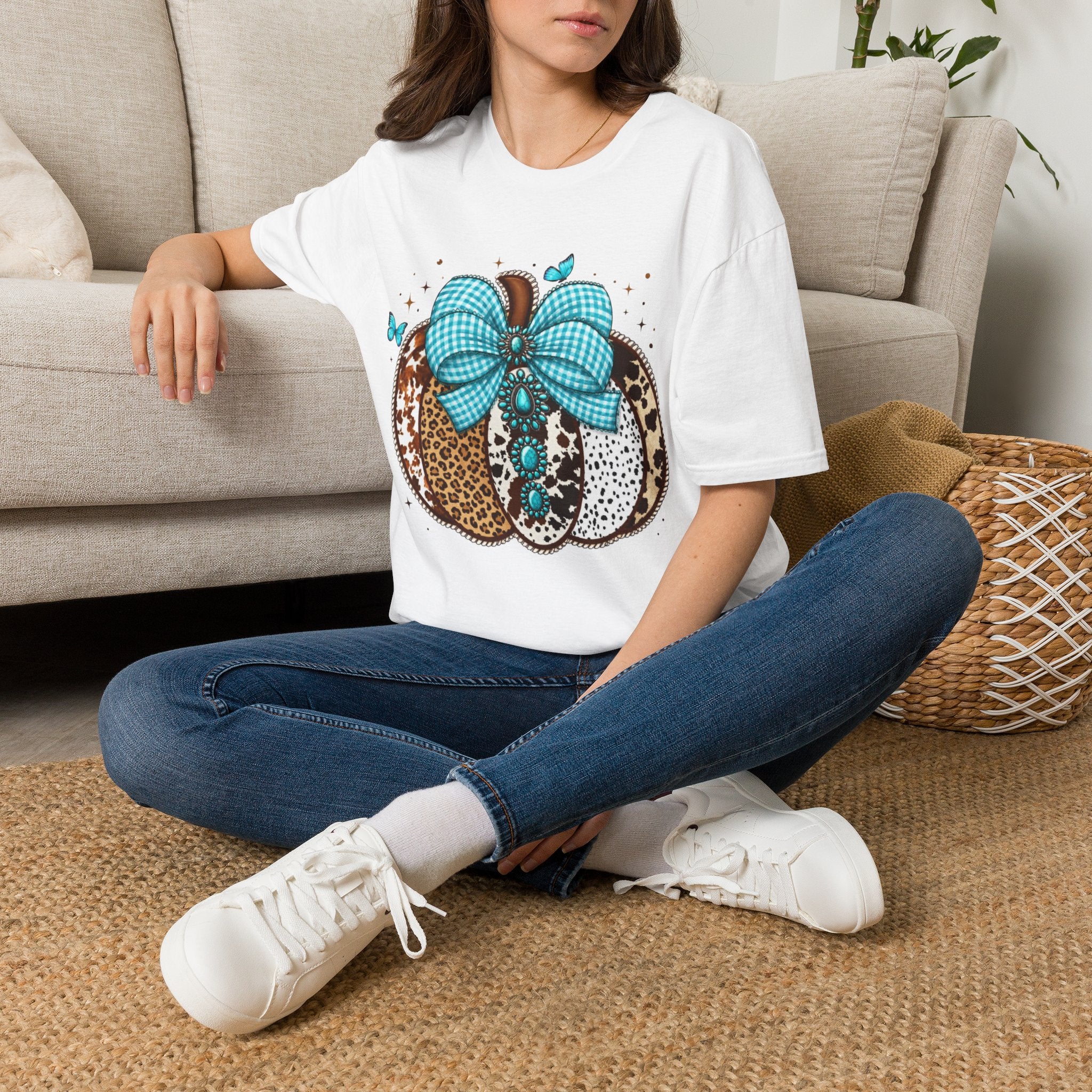 Turquoise Bow Pumpkin T-Shirt — Cowhide & Leopard Fall Graphic Tee