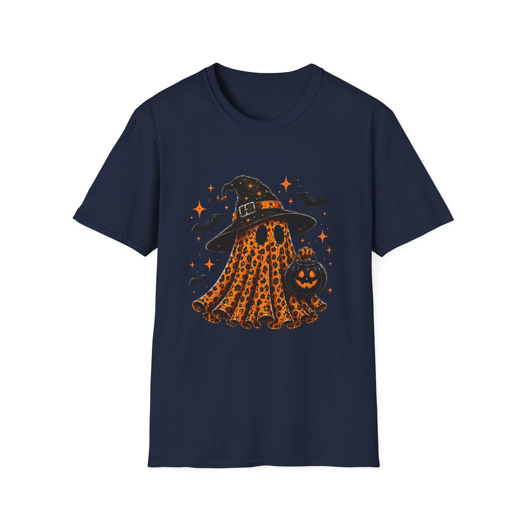 Leopard Ghost Halloween T-Shirt — Witch Hat Pumpkin & Bats Fall Tee