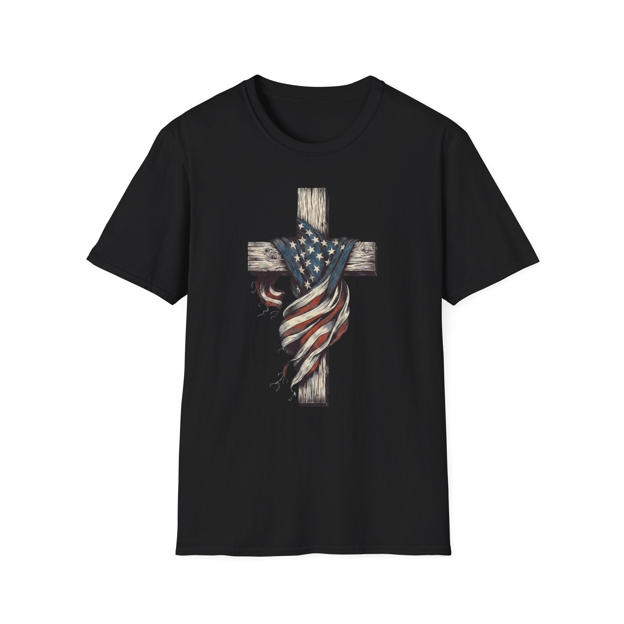 T-Shirt — American Flag Draped Cross Graphic Tee (Patriotic Christian)
