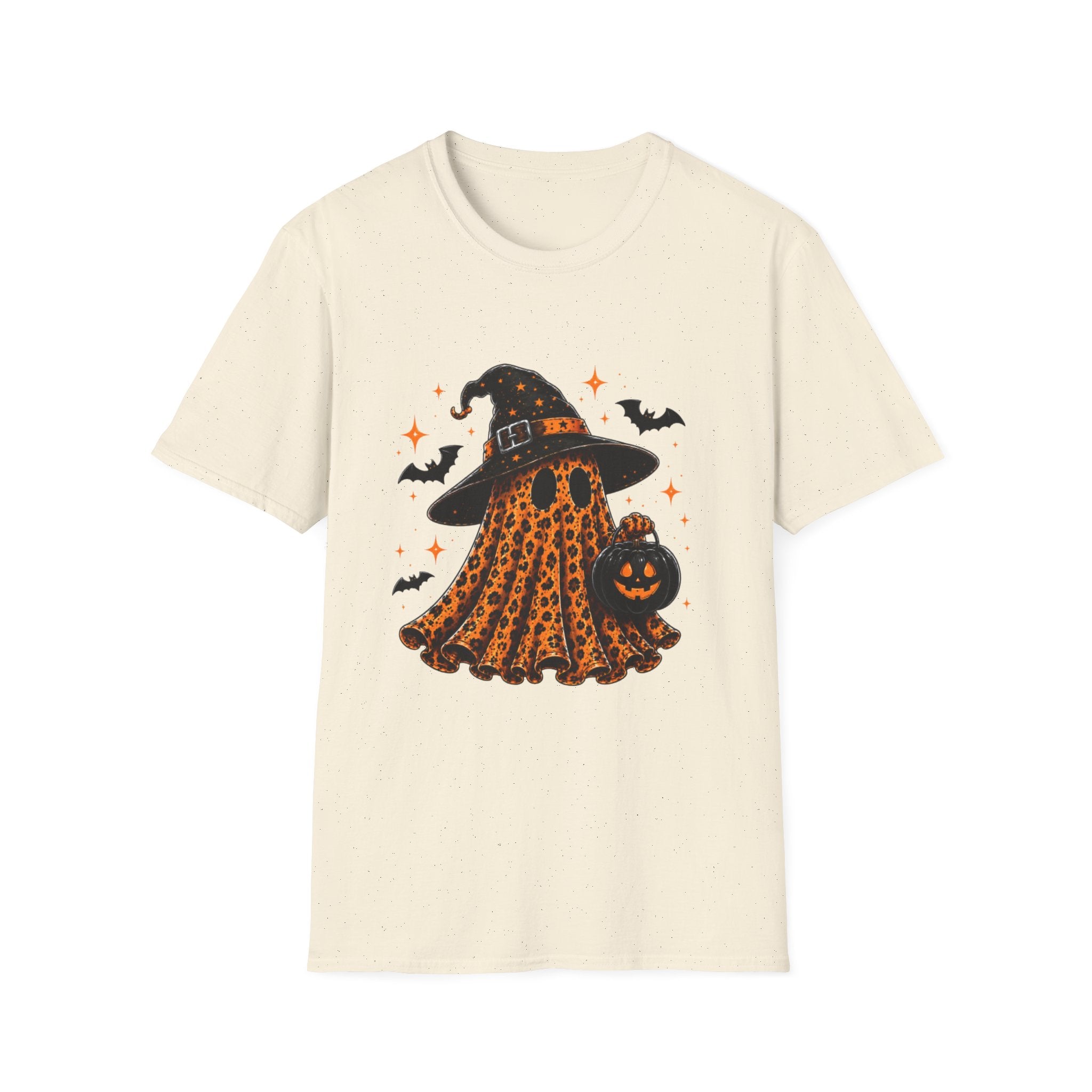 Leopard Ghost Halloween T-Shirt — Witch Hat Pumpkin & Bats Fall Tee