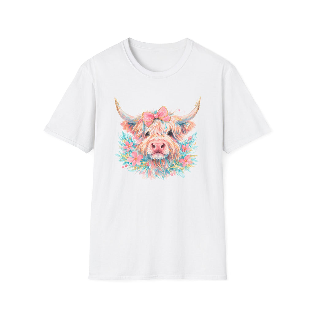 Highland Cow Floral Tee — Cute Pastel Cow Face T-Shirt