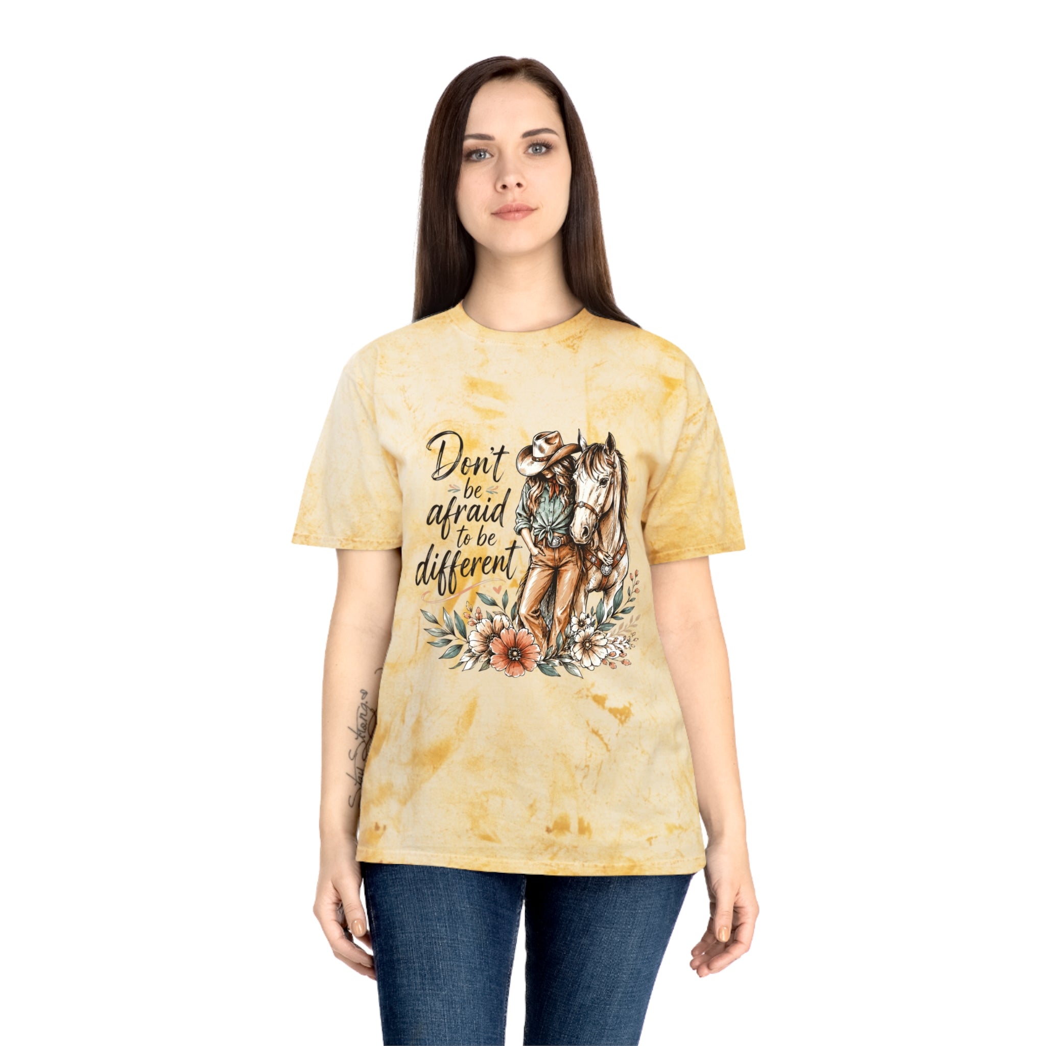 Cowgirl Horse Graphic T-Shirt — "Don't Be Afraid to Be Different" Inspirational Tee