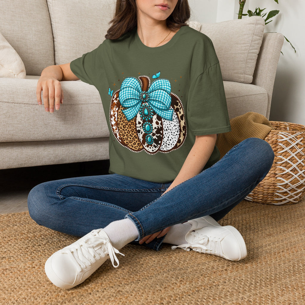 Turquoise Bow Pumpkin T-Shirt — Cowhide & Leopard Fall Graphic Tee