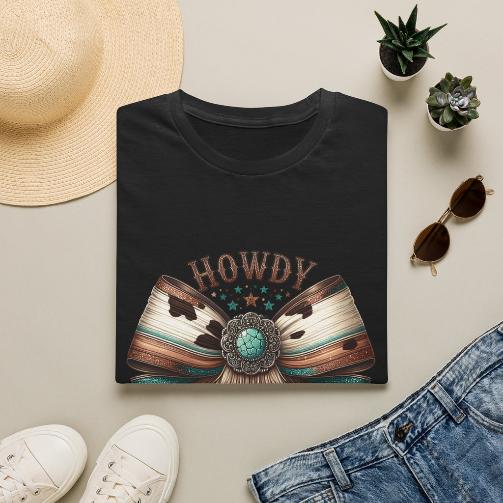 Howdy Western Bow T-Shirt — Turquoise Concho Rustic Cowhide Graphic