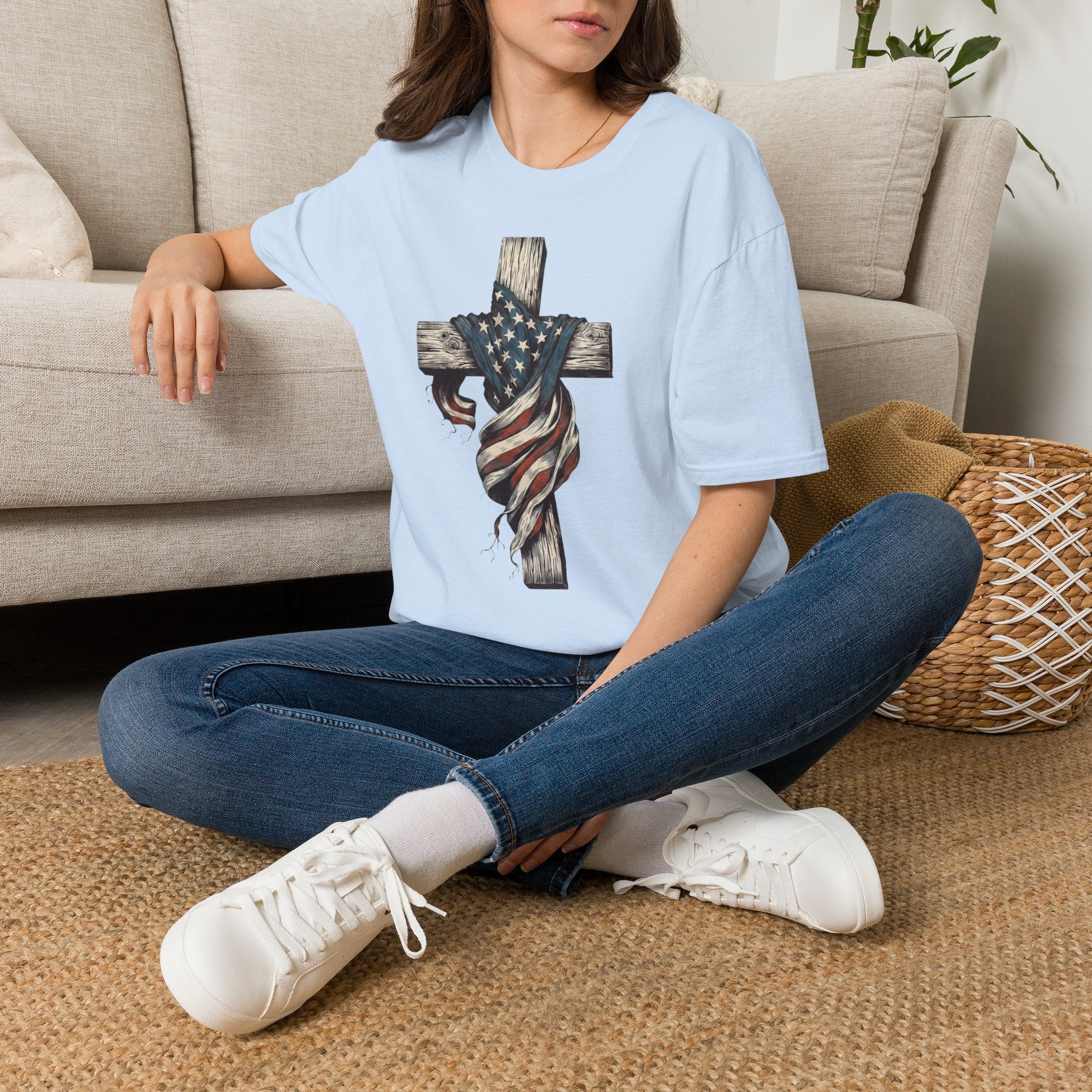 T-Shirt — American Flag Draped Cross Graphic Tee (Patriotic Christian)