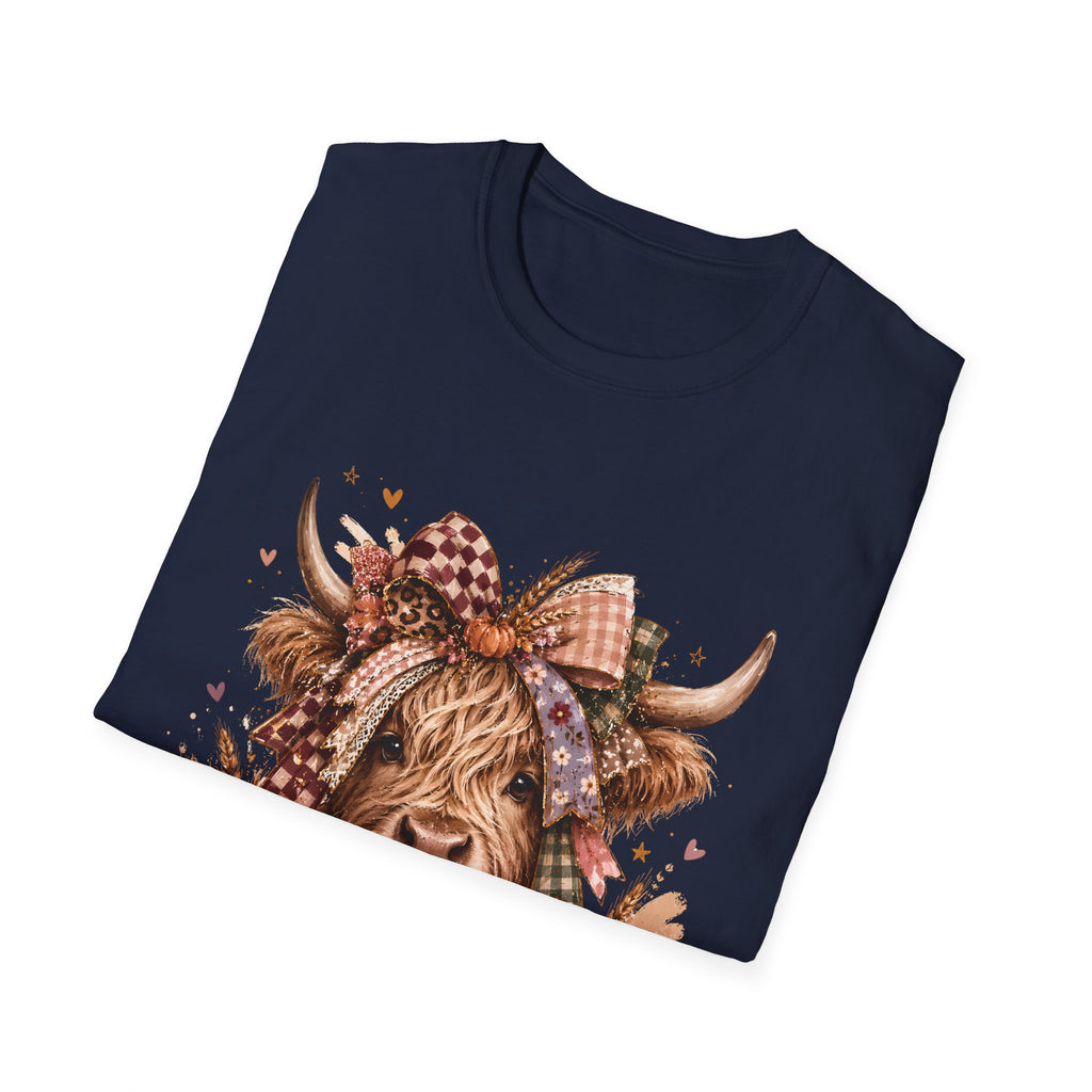 Highland Cow Fall T-Shirt — Pumpkin & Plaid Autumn Graphic Tee