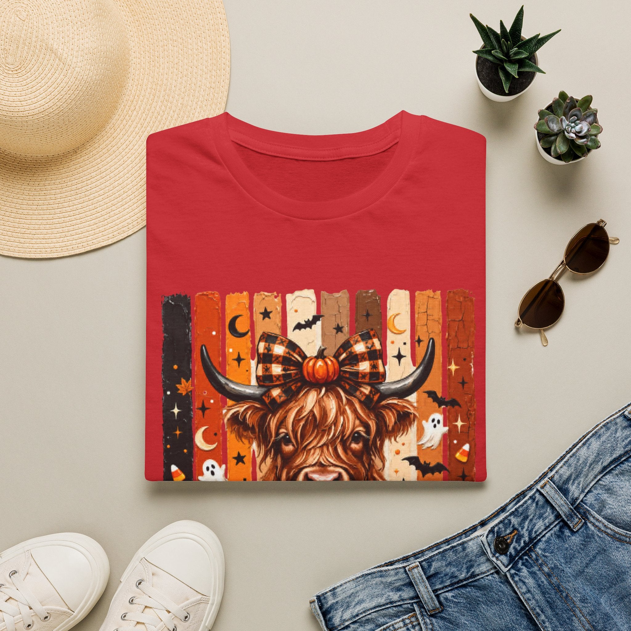 Highland Cow Halloween T-Shirt — Plaid Pumpkin Fall Graphic Tee