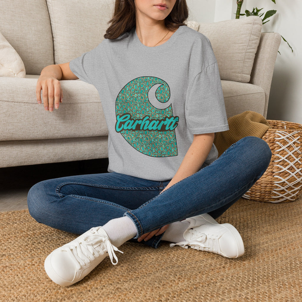 Carhartt Crescent Logo T‑Shirt — Vintage Teal Patterned Graphic Tee