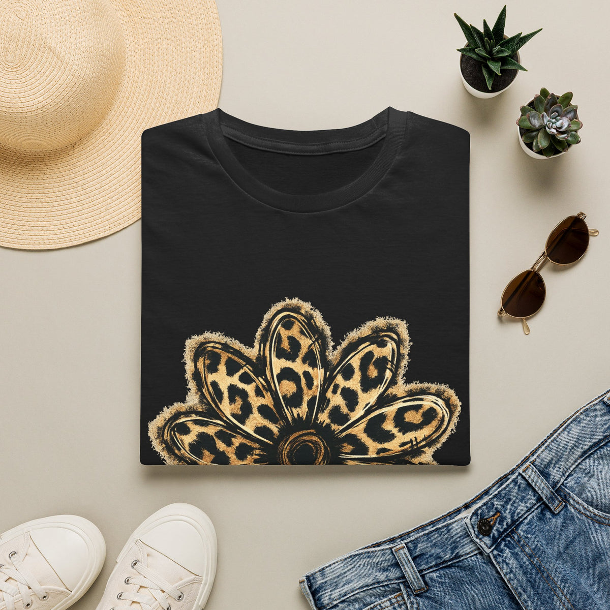 Leopard Sunflower Tee — Women's Animal Print Floral T-Shirt