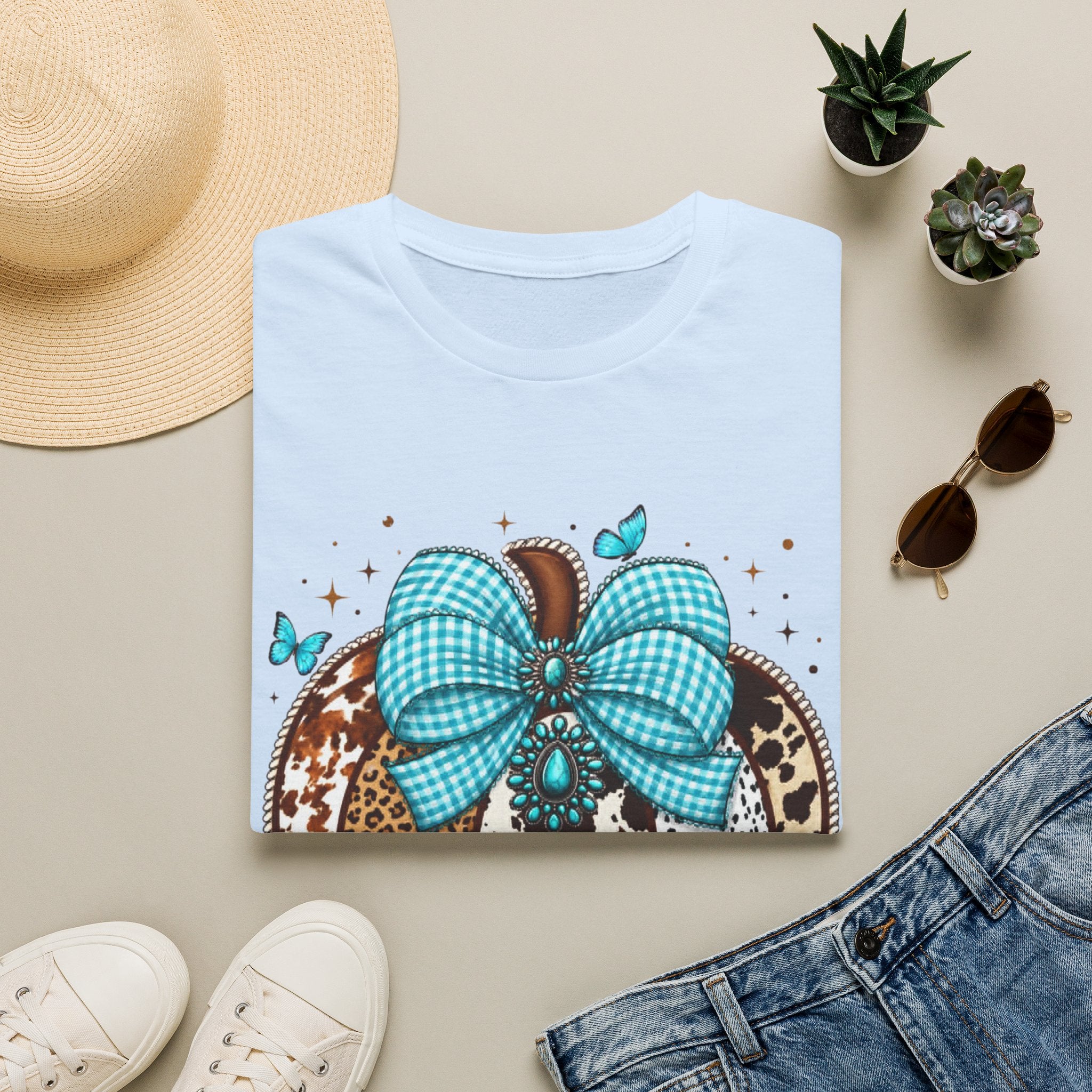 Turquoise Bow Pumpkin T-Shirt — Cowhide & Leopard Fall Graphic Tee