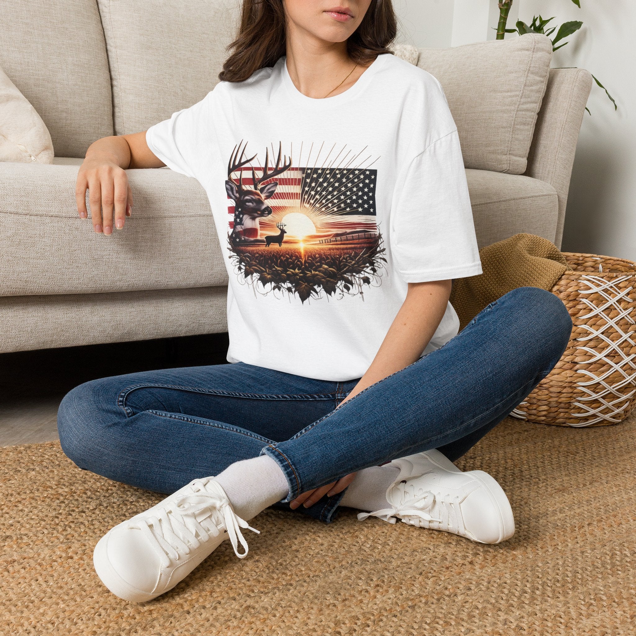 Deer Sunset Flag T-Shirt — American Hunting Outdoors Tee