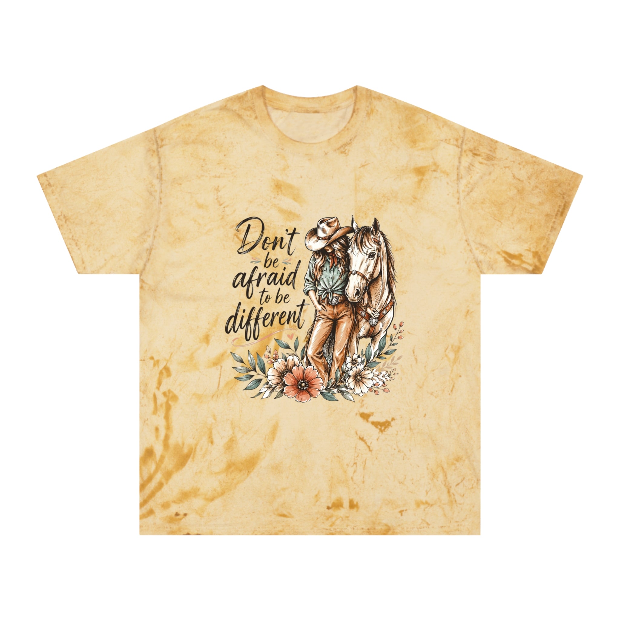 Cowgirl Horse Graphic T-Shirt — "Don't Be Afraid to Be Different" Inspirational Tee