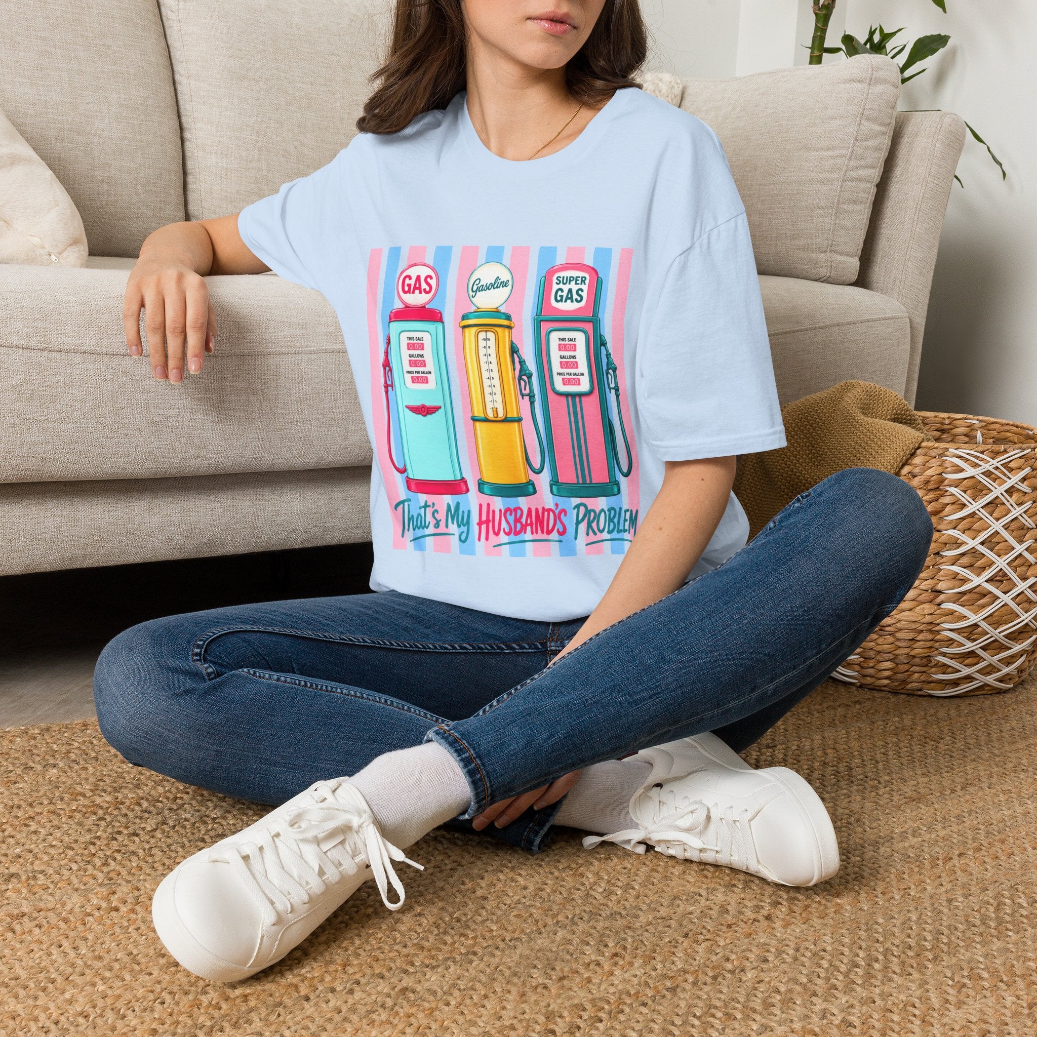 Retro Gas Pumps T‑Shirt — 'This Is My Husband's Problem' Vintage Gasoline Tee
