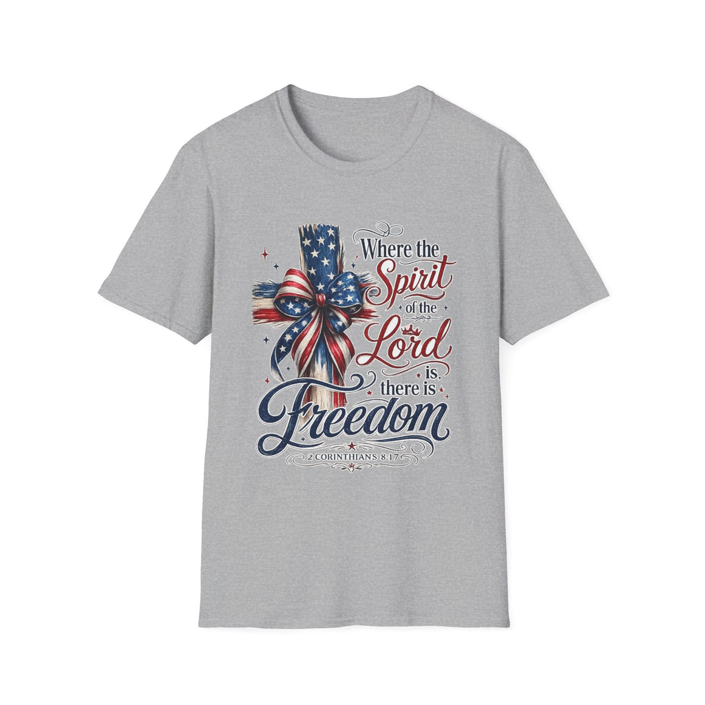 Patriotic Cross T-Shirt — “Where the Spirit of the Lord Is, There Is Freedom”