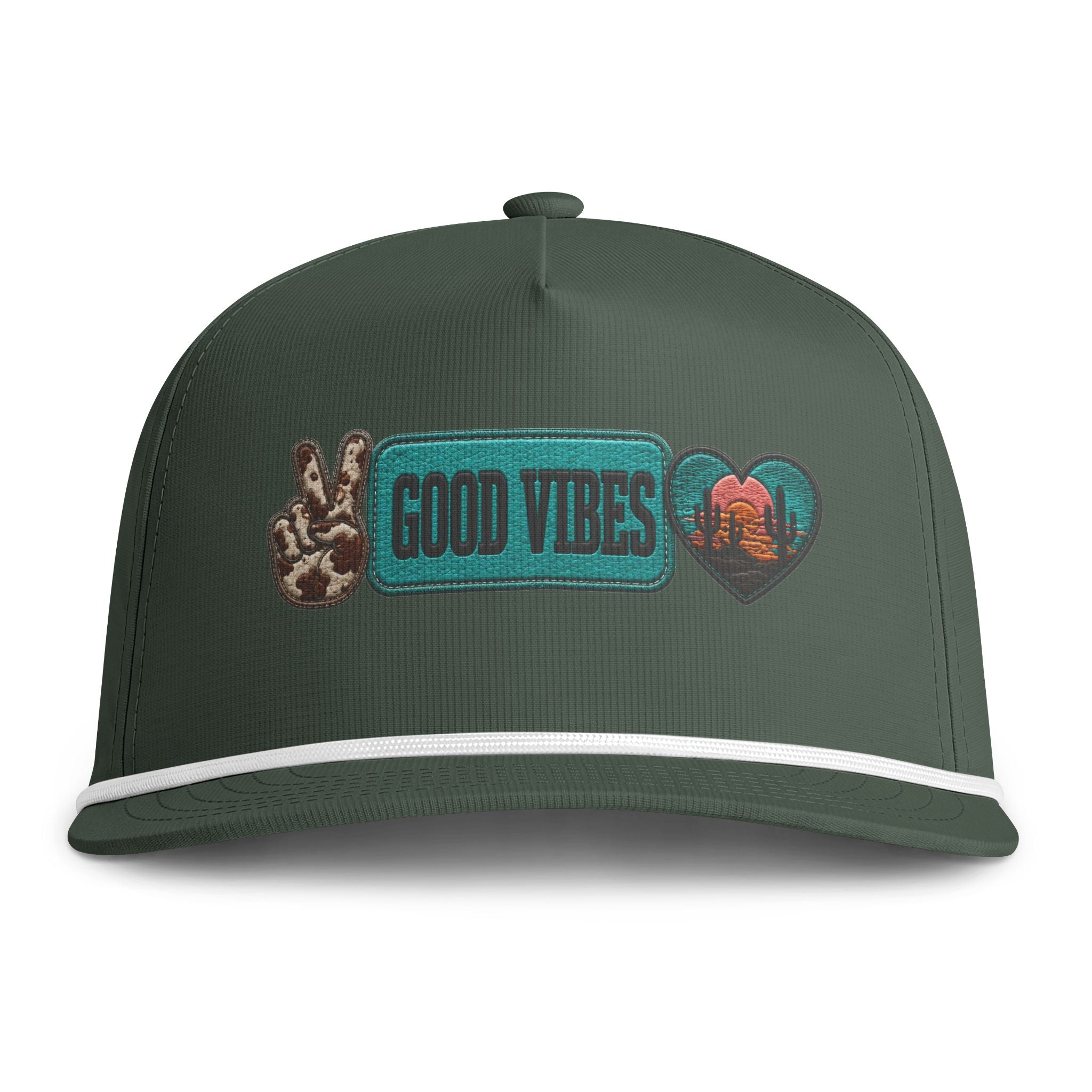 Good Vibes Rope Cap — Retro Peace Sign & Sunset Patch Hat