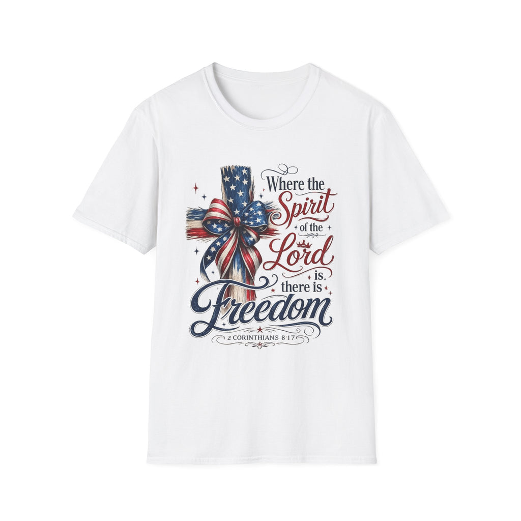 Patriotic Cross T-Shirt — “Where the Spirit of the Lord Is, There Is Freedom”