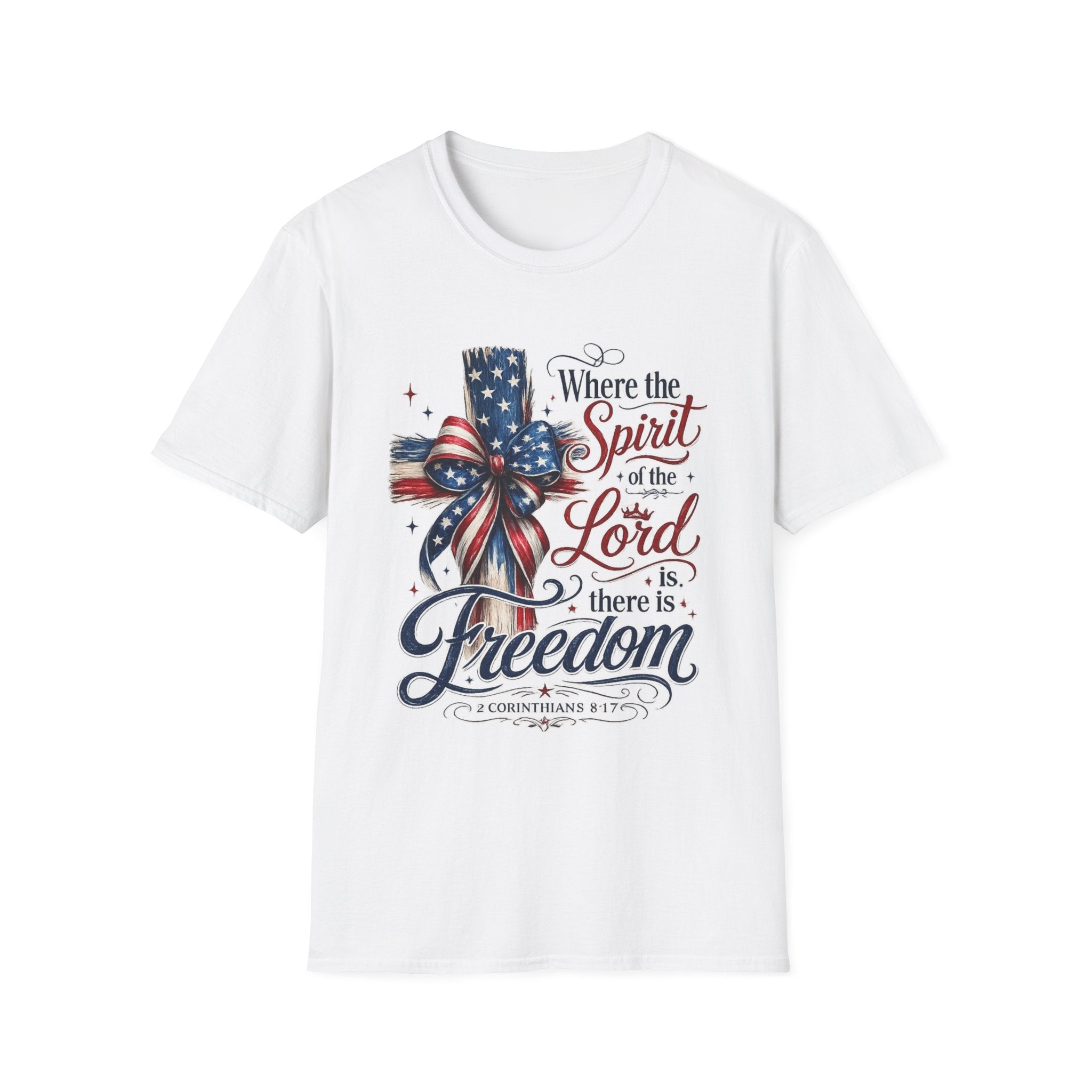 Patriotic Cross T-Shirt — “Where the Spirit of the Lord Is, There Is Freedom”