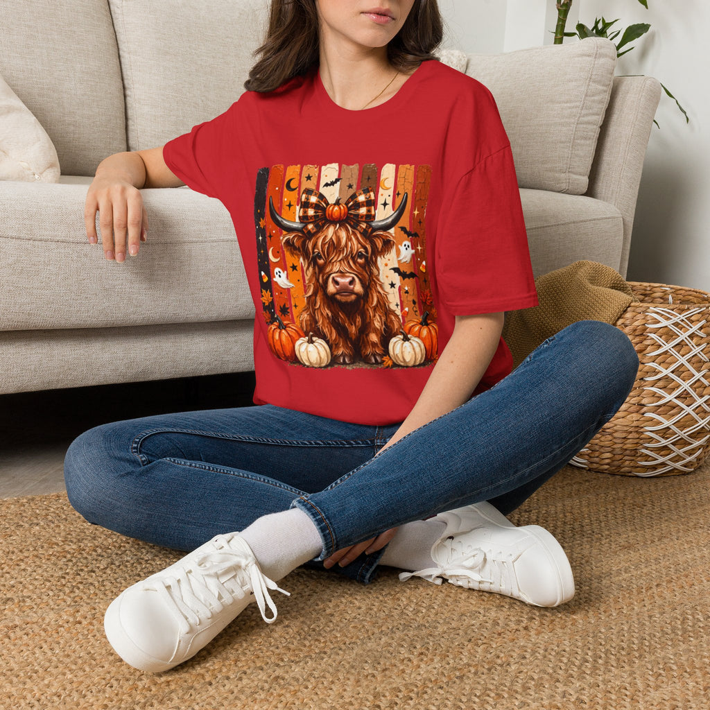 Highland Cow Halloween T-Shirt — Plaid Pumpkin Fall Graphic Tee